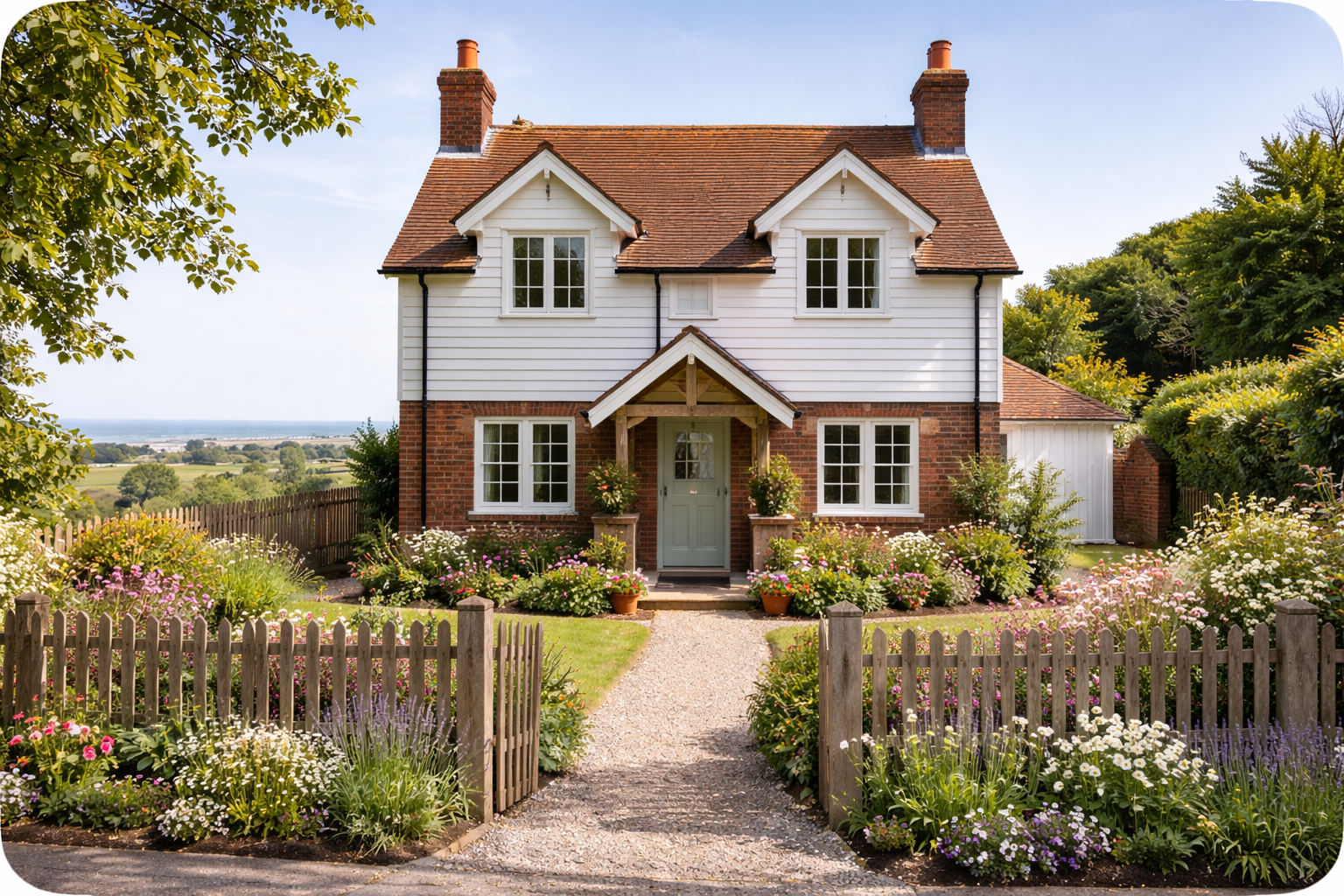A two-story house with a brick and white siding exterior, a pink tiled roof, and two brick chimneys. A gravel path leads to the front door, which is surrounded by colorful flowers and garden plants. There is a wooden fence and a green lawn, with trees and a rural landscape in the background.