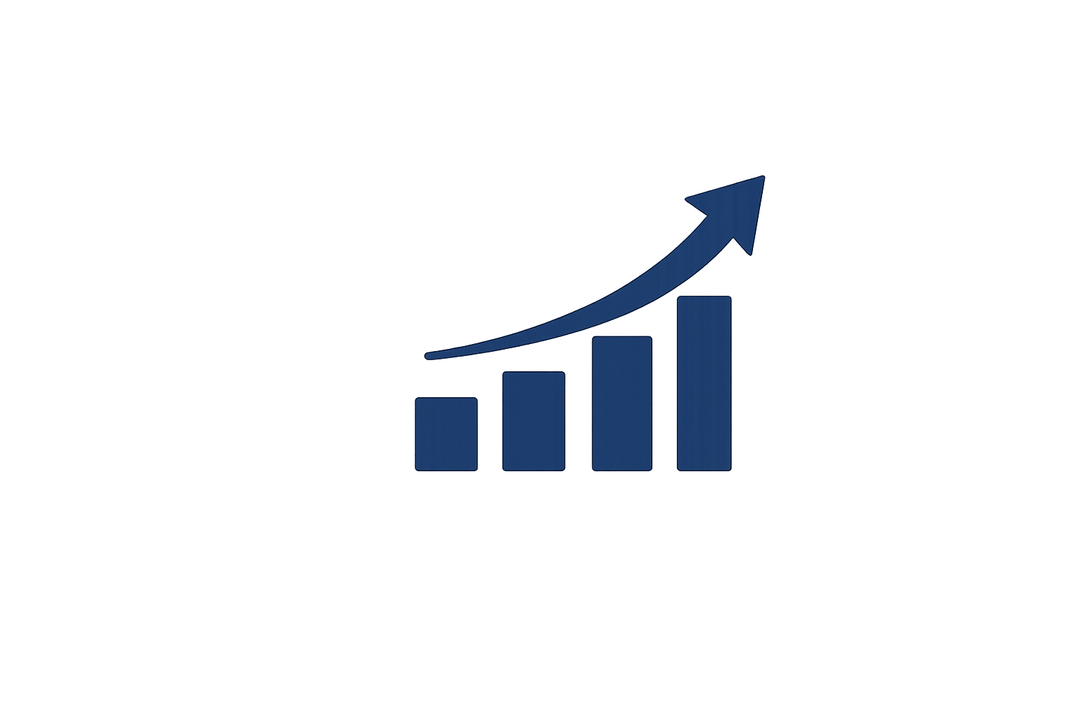 A bar graph with four blue vertical bars increasing in height from left to right, with an upward-curving arrow above the bars indicating growth or upward trend.