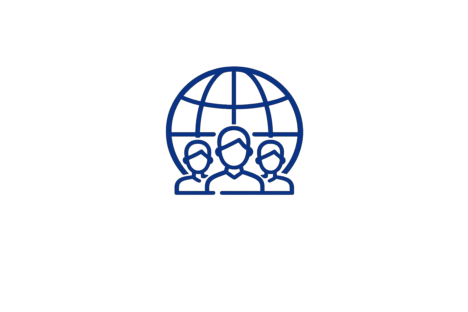 Icon of three people in front of a globe, representing global teamwork or community.