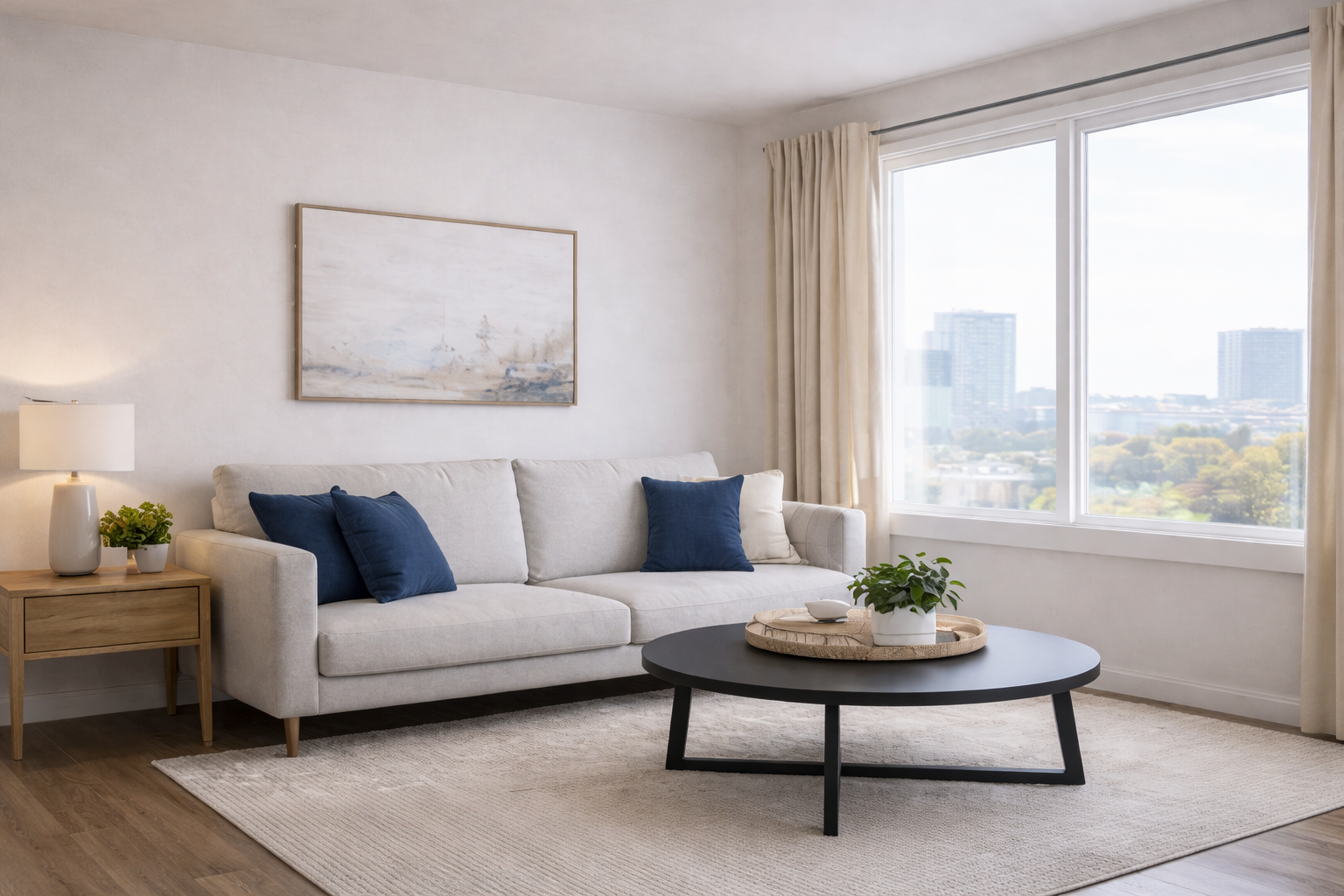 Living room with a white sofa, blue pillows, a wooden side table with a lamp and plant, a black coffee table with a potted plant, and a large window with city view and beige curtains.