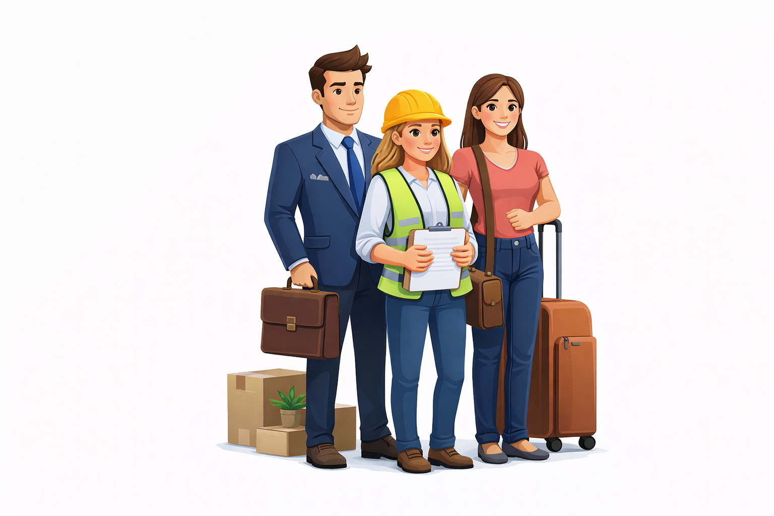 Group of three diverse people standing with luggage, boxes, and plants, including a woman in construction safety gear, a man in formal business attire, and a woman in casual clothes, all smiling.