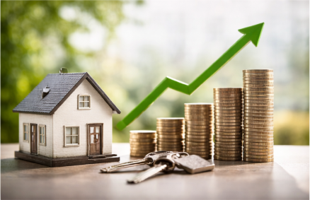 Miniature house next to stacks of coins with an upward trending green arrow, symbolizing real estate investment growth.