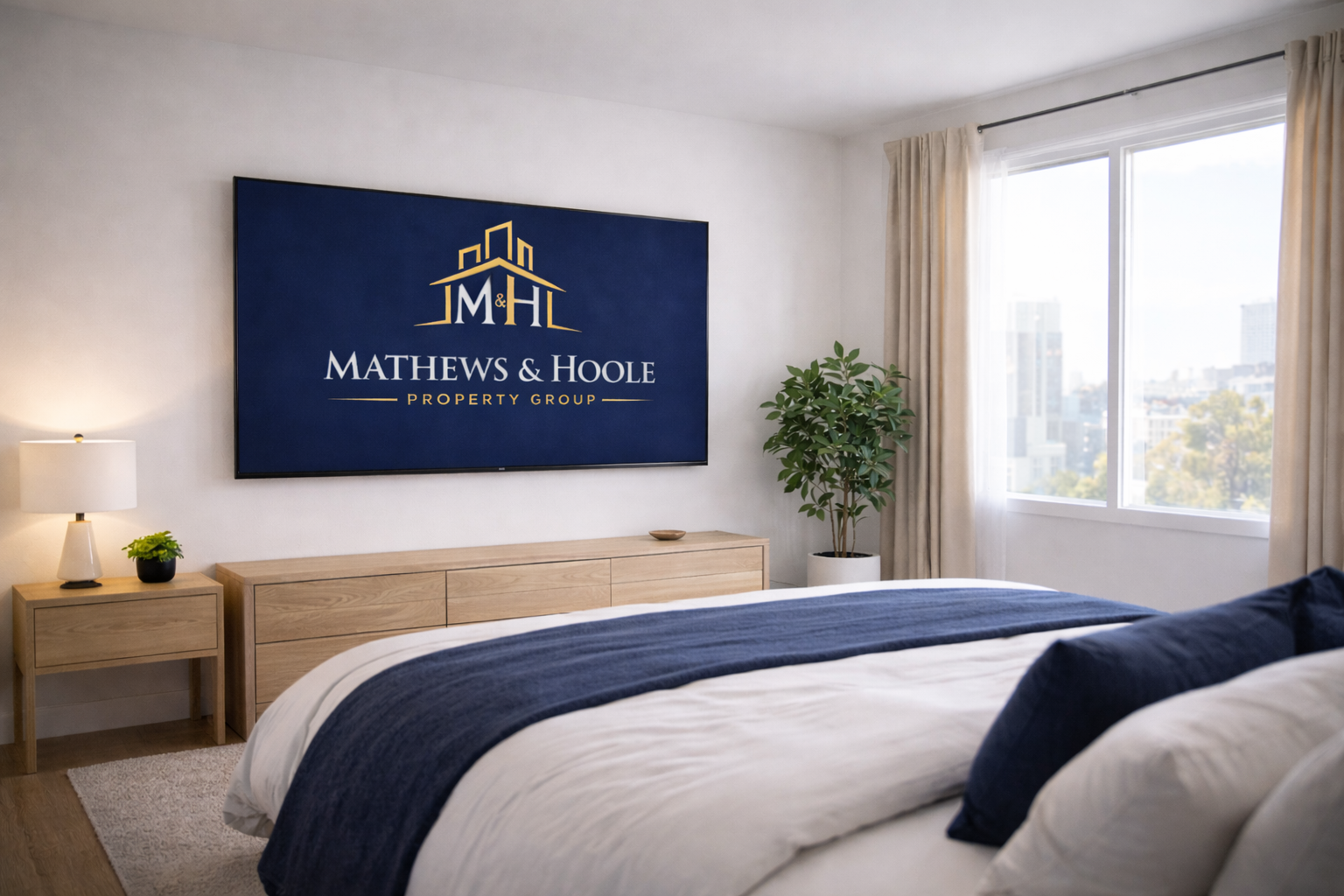 A bedroom with a large window, beige curtains, a bed with navy and white bedding, a wooden dresser, a small nightstand with a lamp and plant, a large indoor plant, and a TV displaying the Mathews & Hoole Property Group logo.