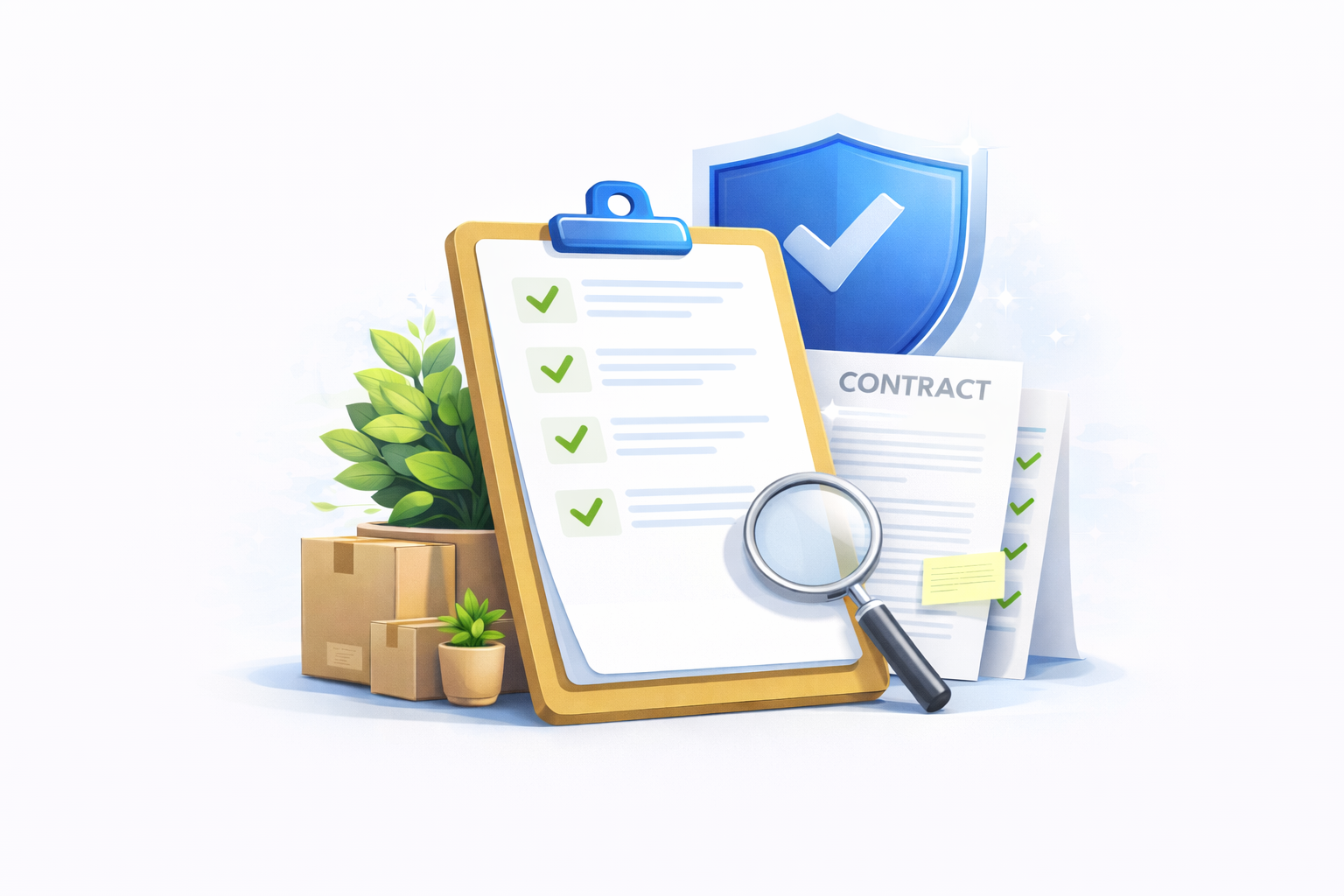 Clipboard with a checklist of green checkmarks, a magnifying glass, documents labeled 'CONTRACT', potted plants, and cardboard boxes, with a large shield symbol in the background.