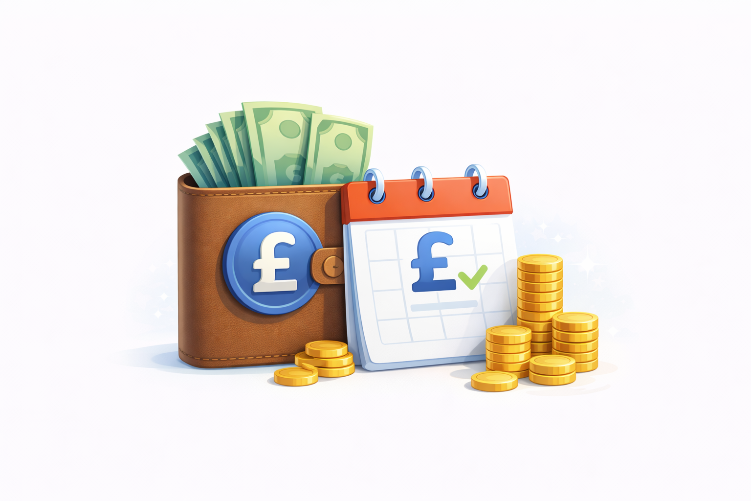illustration of a finance calendar and a wallet with British pound symbols, banknotes, and stacked gold coins on a white background
