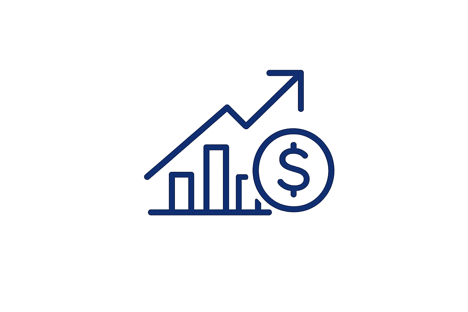 Line graph with ascending arrow, bar chart, and a dollar sign circle, representing financial growth or investment.