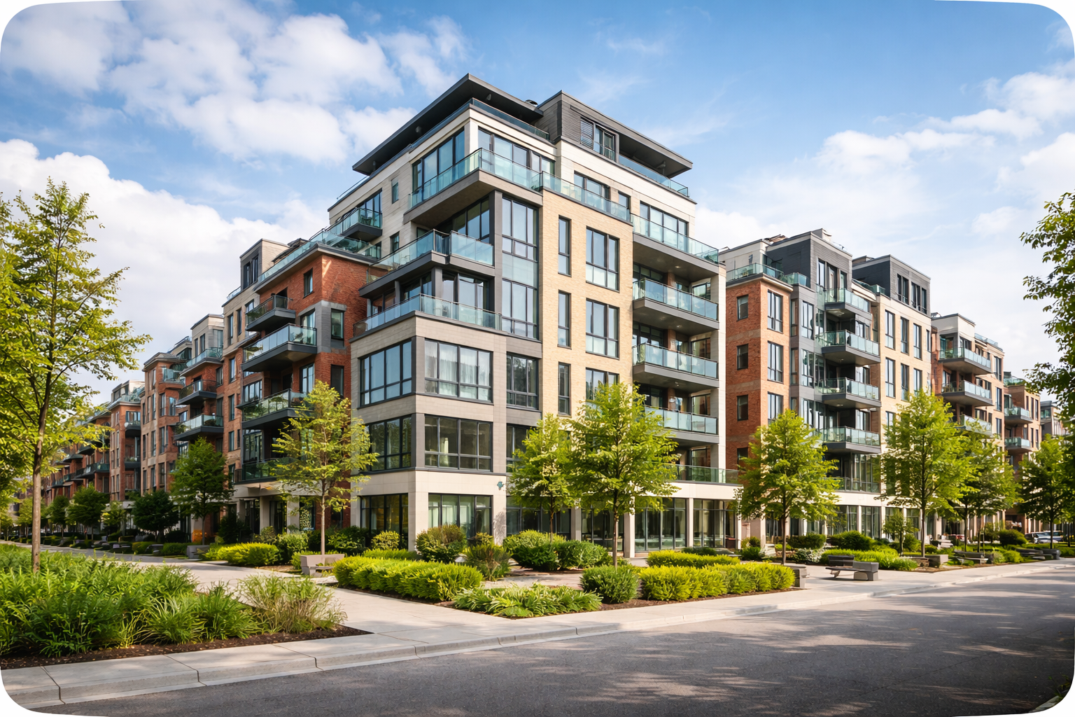 Modern multi-story residential building with glass balconies, surrounded by landscaped greenery and trees, under a partly cloudy sky.