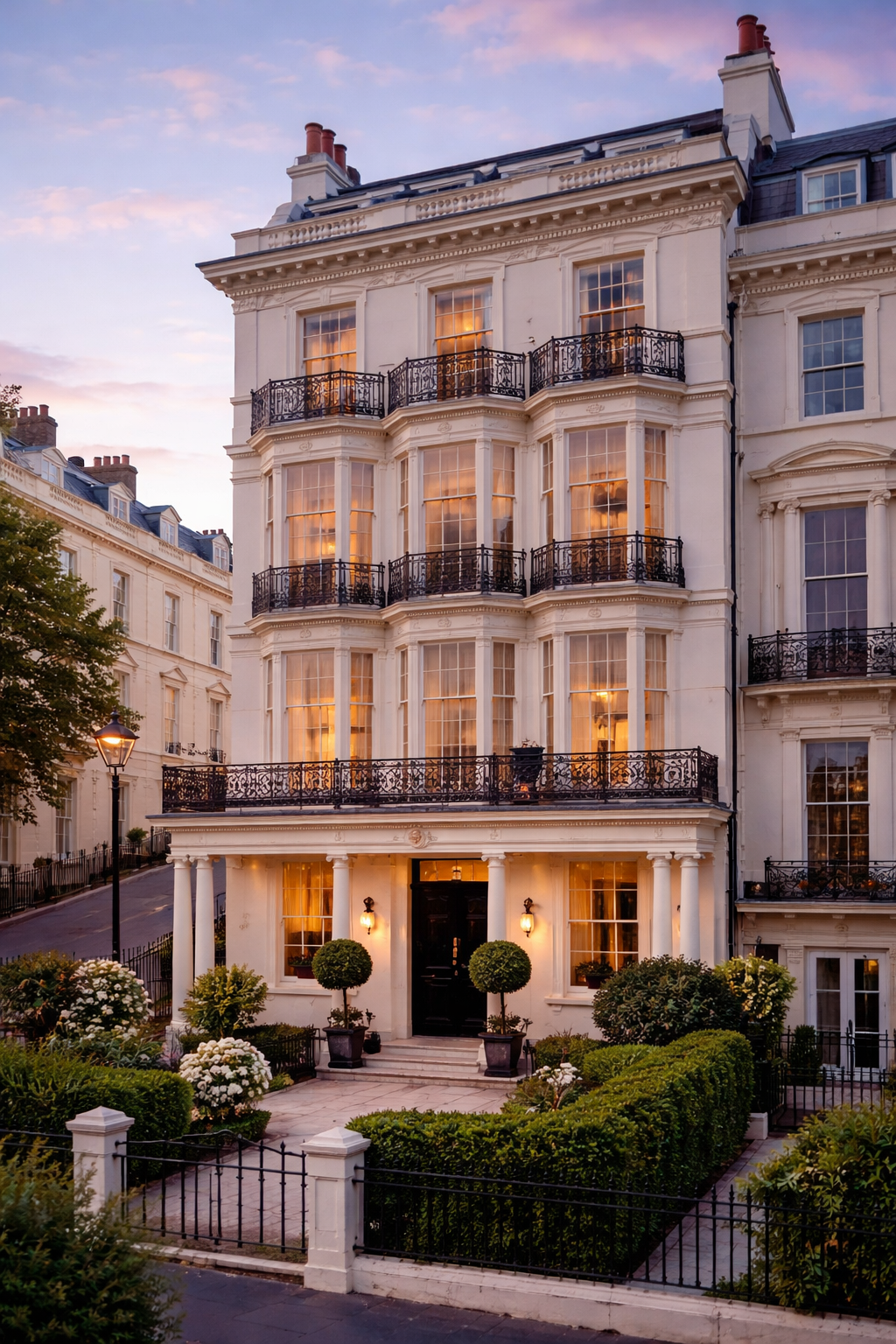 Elegant white multi-story building with ornate black balconies, large windows reflecting warm interior lights, surrounded by a landscaped garden with trees, shrubs, and flowers, at dusk.