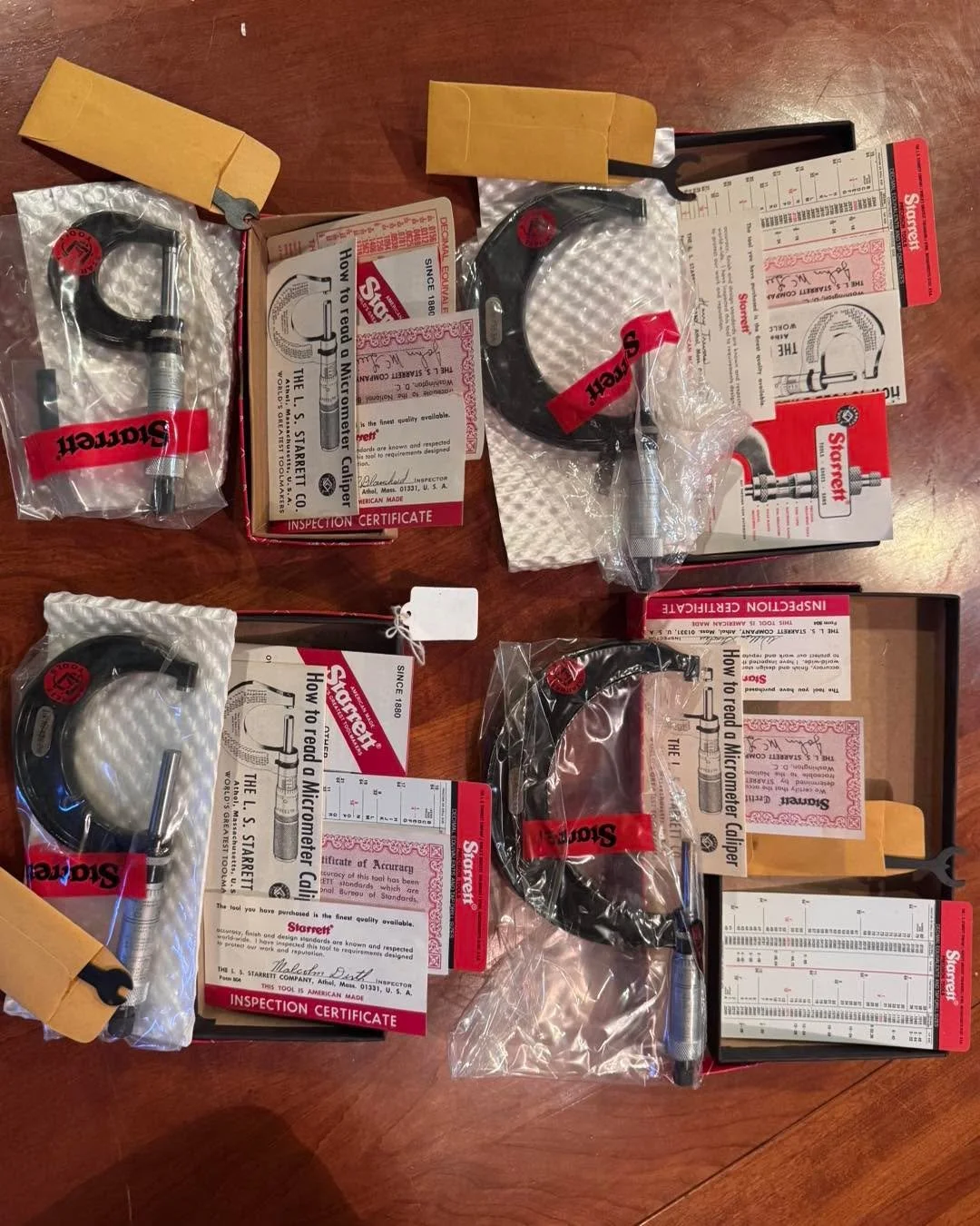 4 Starrett Micrometers - new old stock complete with instructions, wrenches other paper. Sizes are 436RL 1, 2, 3, 4&rdquo;. Send me a note for prices including shipping.  #StarrettTools #micrometers #micrometer #tools.  I will post on my web site soo