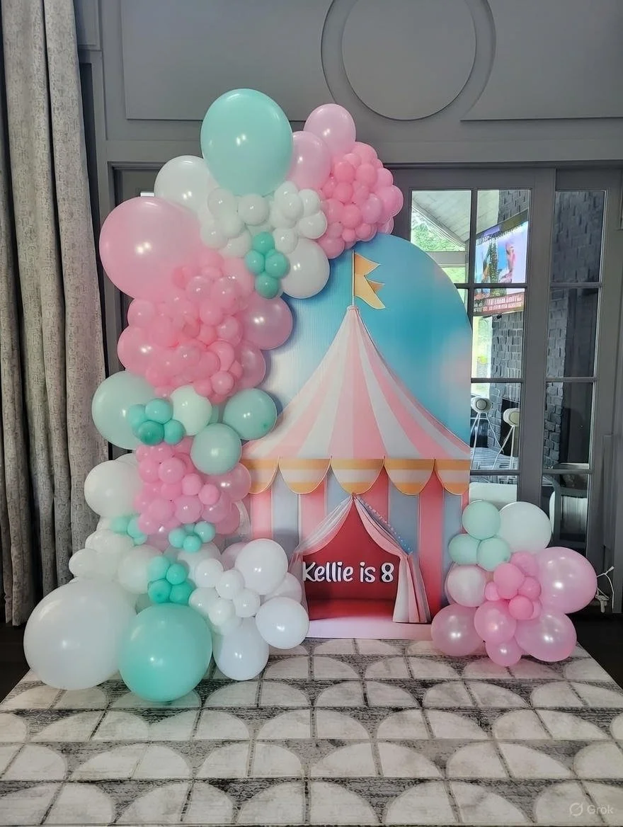 Decorative birthday backdrop with a pastel-colored circus tent design, surrounded by pink, white, and mint green balloons, celebrating Kellie's 8th birthday.