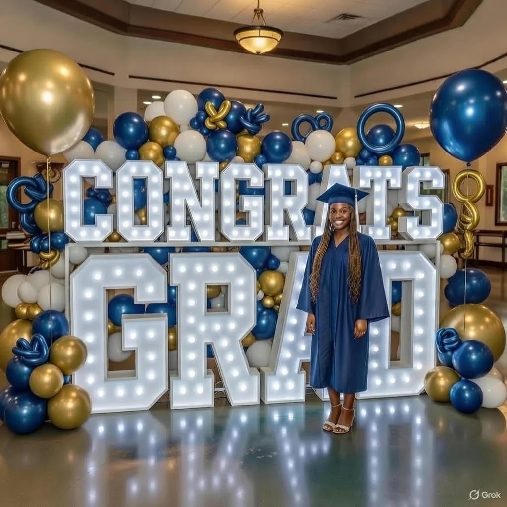 A young woman in blue graduation gown and cap standing in front of a large illuminated sign that reads "CONGRATS GRAD", surrounded by a balloon arch with gold, blue, and white balloons.