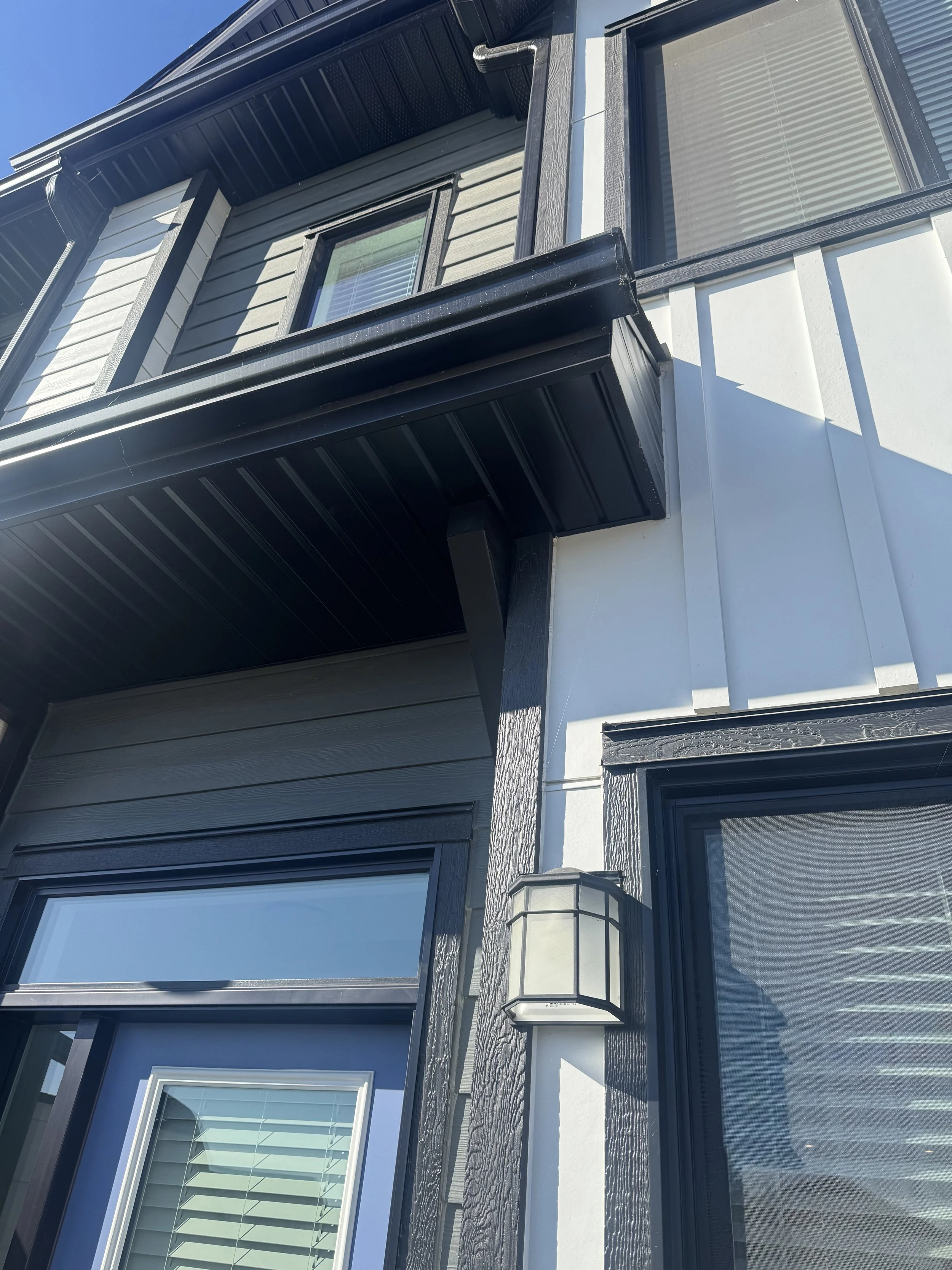 Close-up of a modern house exterior with black and white siding, a window, and an exterior light fixture, against a clear blue sky.