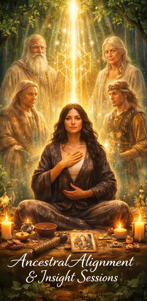 A young woman in bohemian clothing sitting cross-legged with a hand on her chest, surrounded by candles, bowls, and a framed photo, with luminous elderly figures resembling saints or spiritual guides behind her in a mystical forest setting, with glowing geometric shapes and streaming light above.