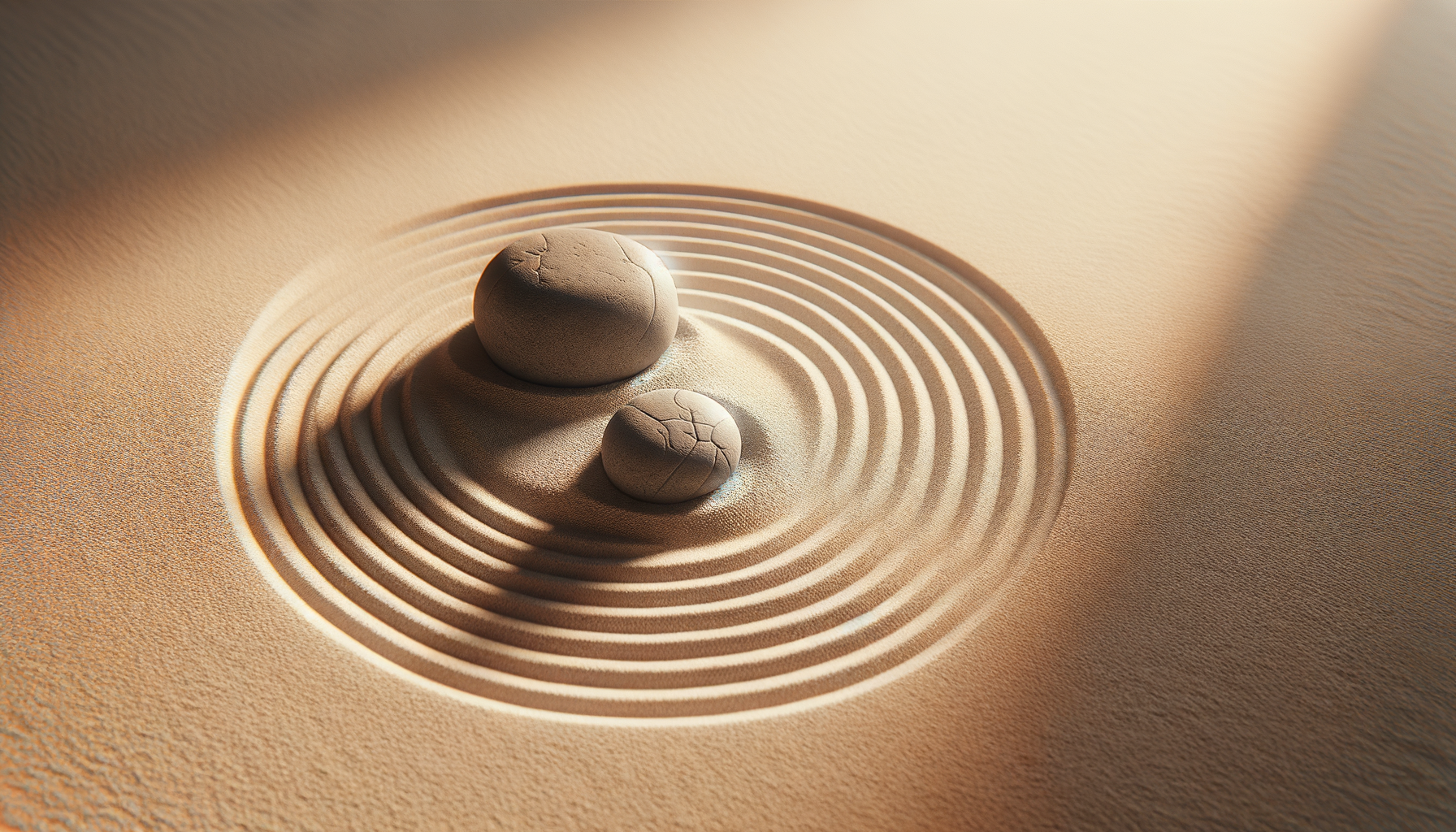 Two smooth rocks on a sandy surface, one larger and one smaller, creating concentric circles in the sand around them.