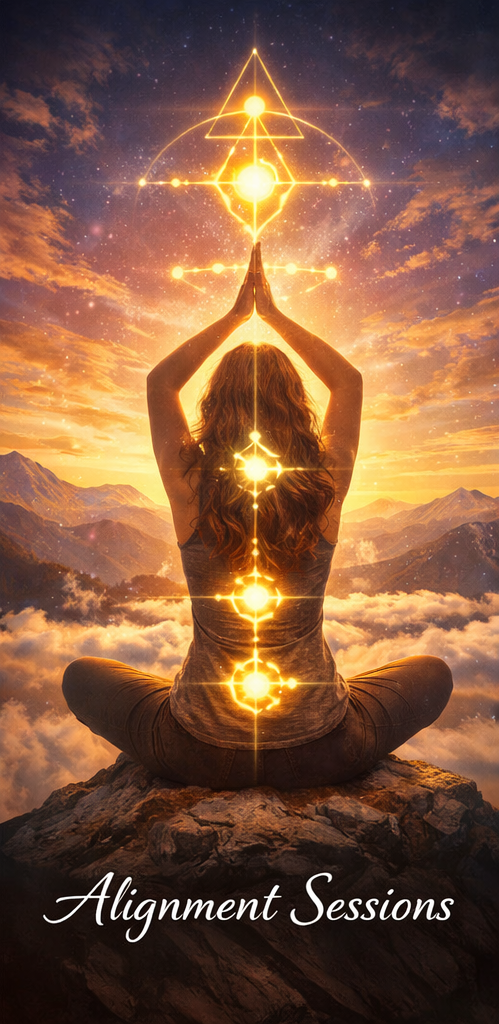 A woman practicing yoga on a mountaintop at sunset with glowing energy points aligned along her spine, and mystical geometric symbols above her head, representing spiritual alignment and meditation, with the text "Alignment Sessions" at the bottom.