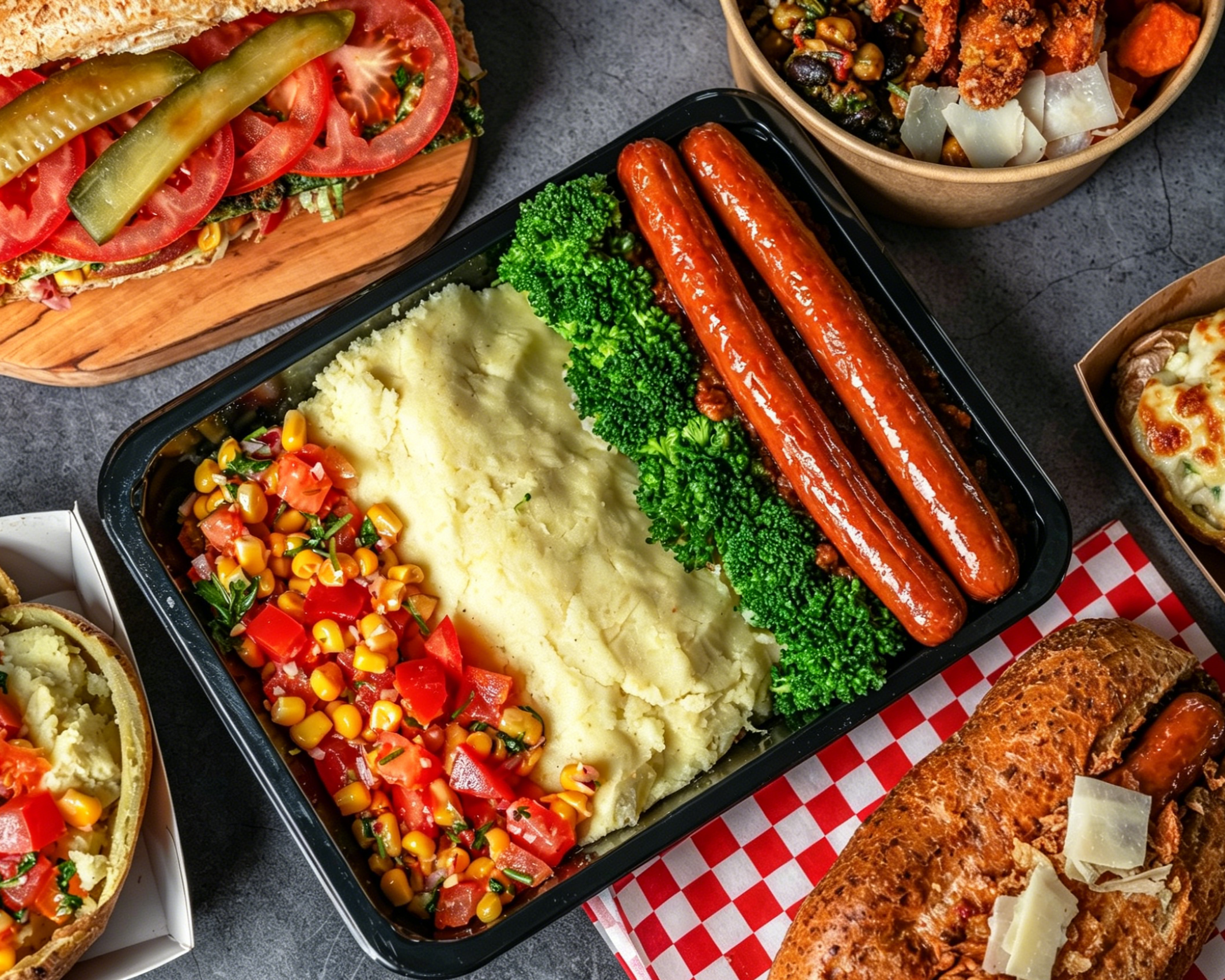 Assorted comfort foods including mashed potatoes with gravy, broccoli, grilled sausages, cornbread sandwich, taco with pickles and tomato, and bowls of stew or chili.