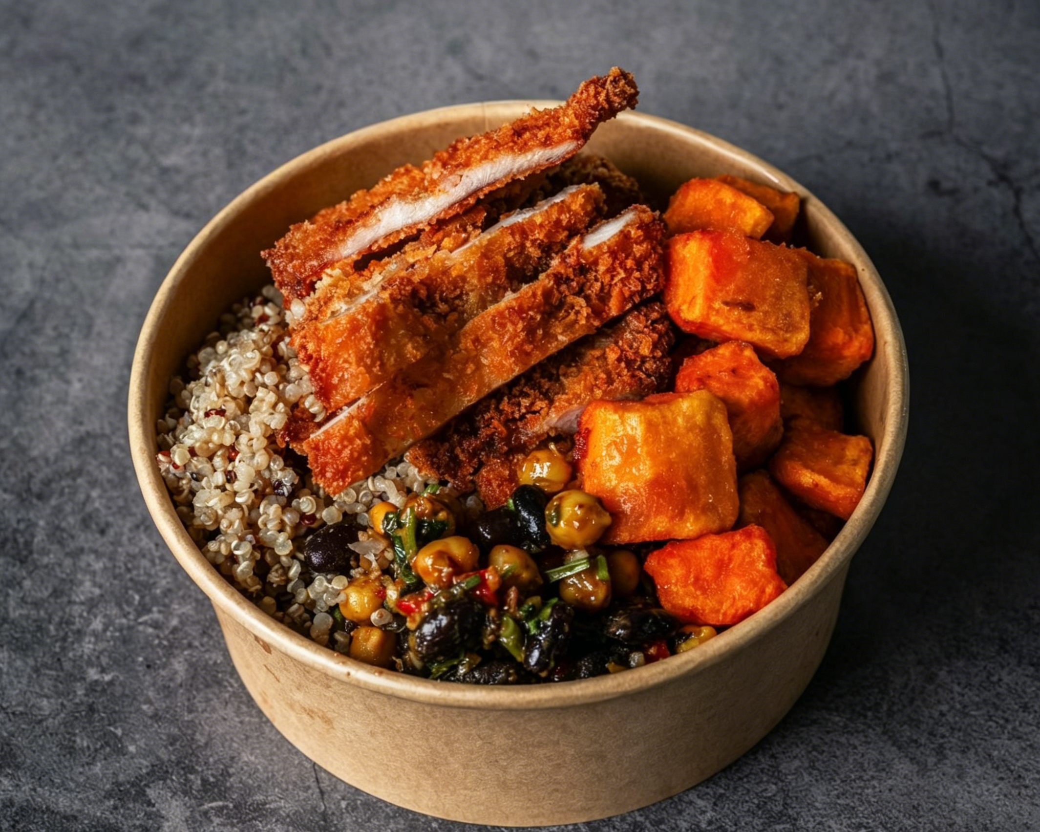 Gezonde Quinoa Veggie Bowl met kikkererwtensalade en salsa in Hilversum.