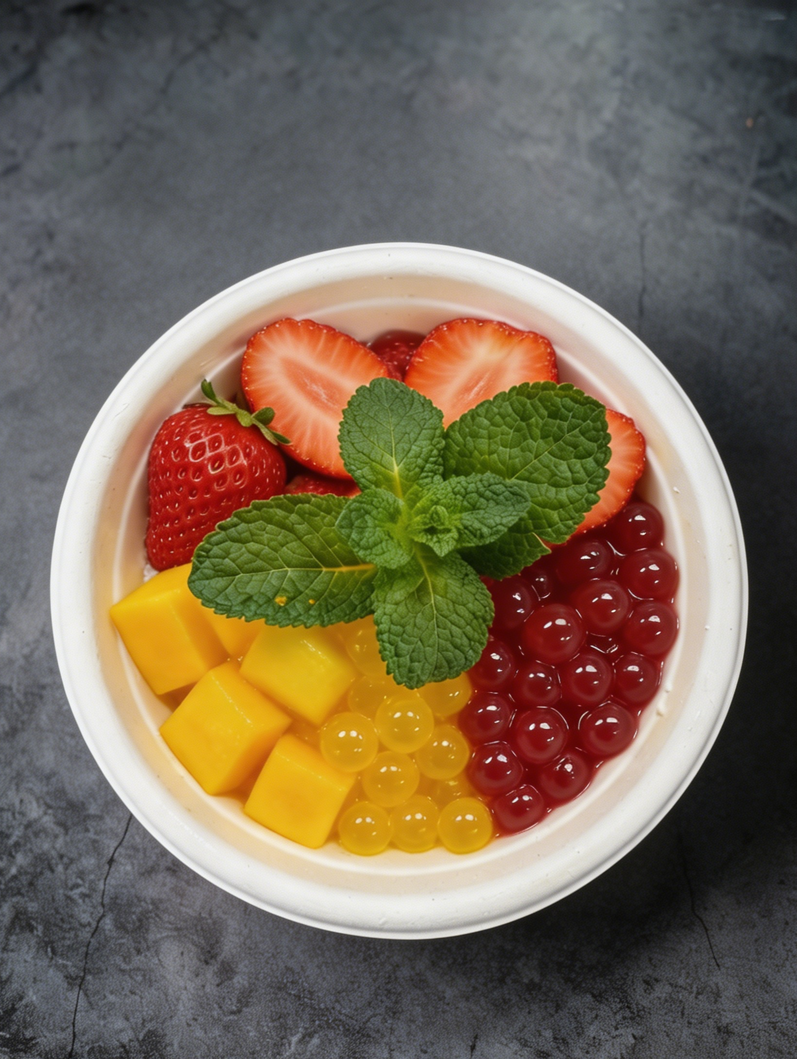 A bowl of fruit topped with mint leaves, including strawberries, mango, and red and yellow tapioca pearls.