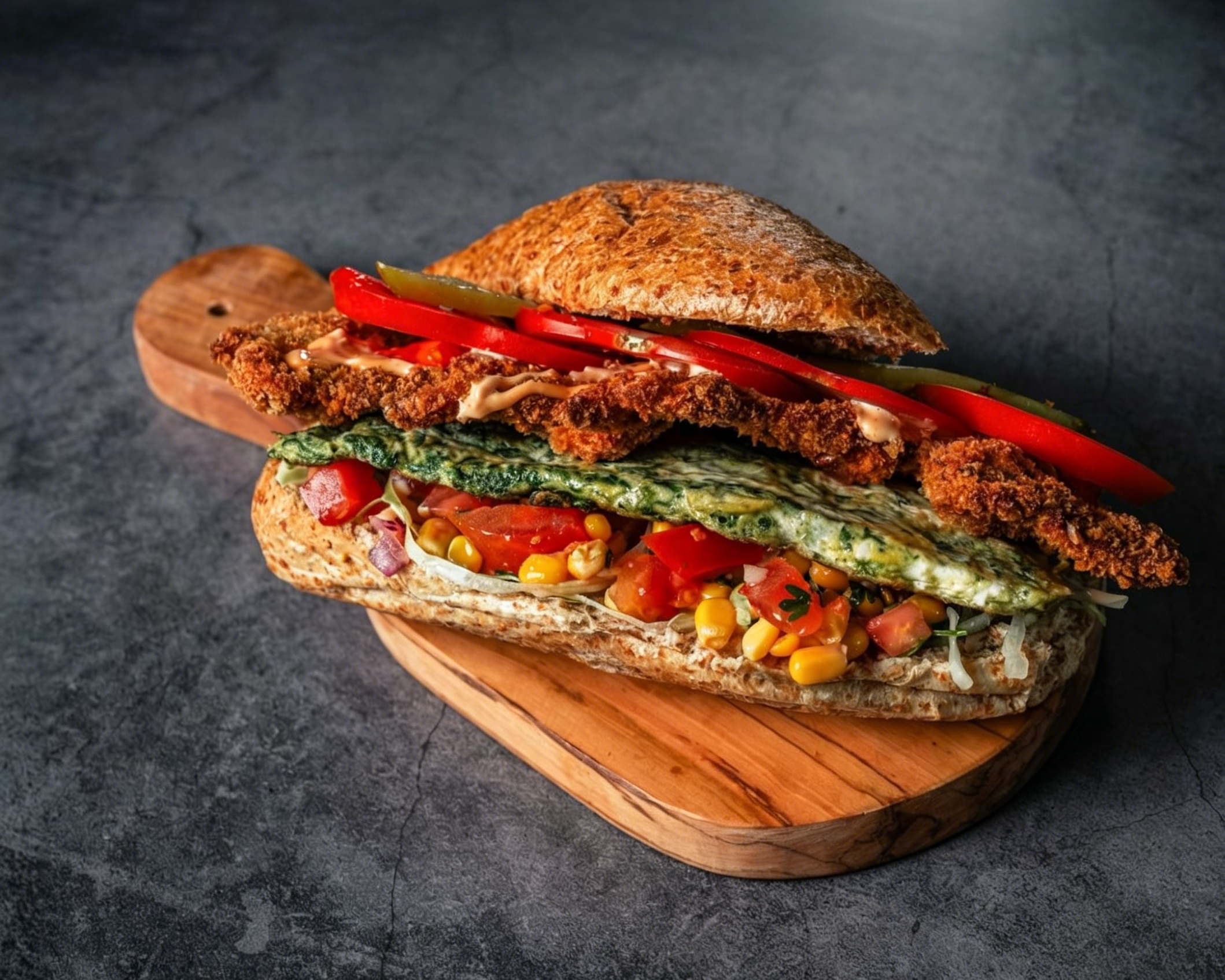 Layered sandwich on a wooden board with lettuce, corn, tomatoes, fried chicken, egg, pickles, red onion, red peppers, and a whole grain bun.