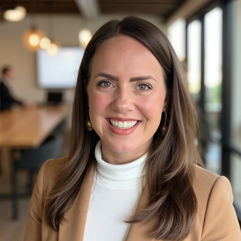 A woman with long brown hair, smiling, wearing a tan blazer and white turtleneck, sitting in a modern office with large windows and paper lantern lights.