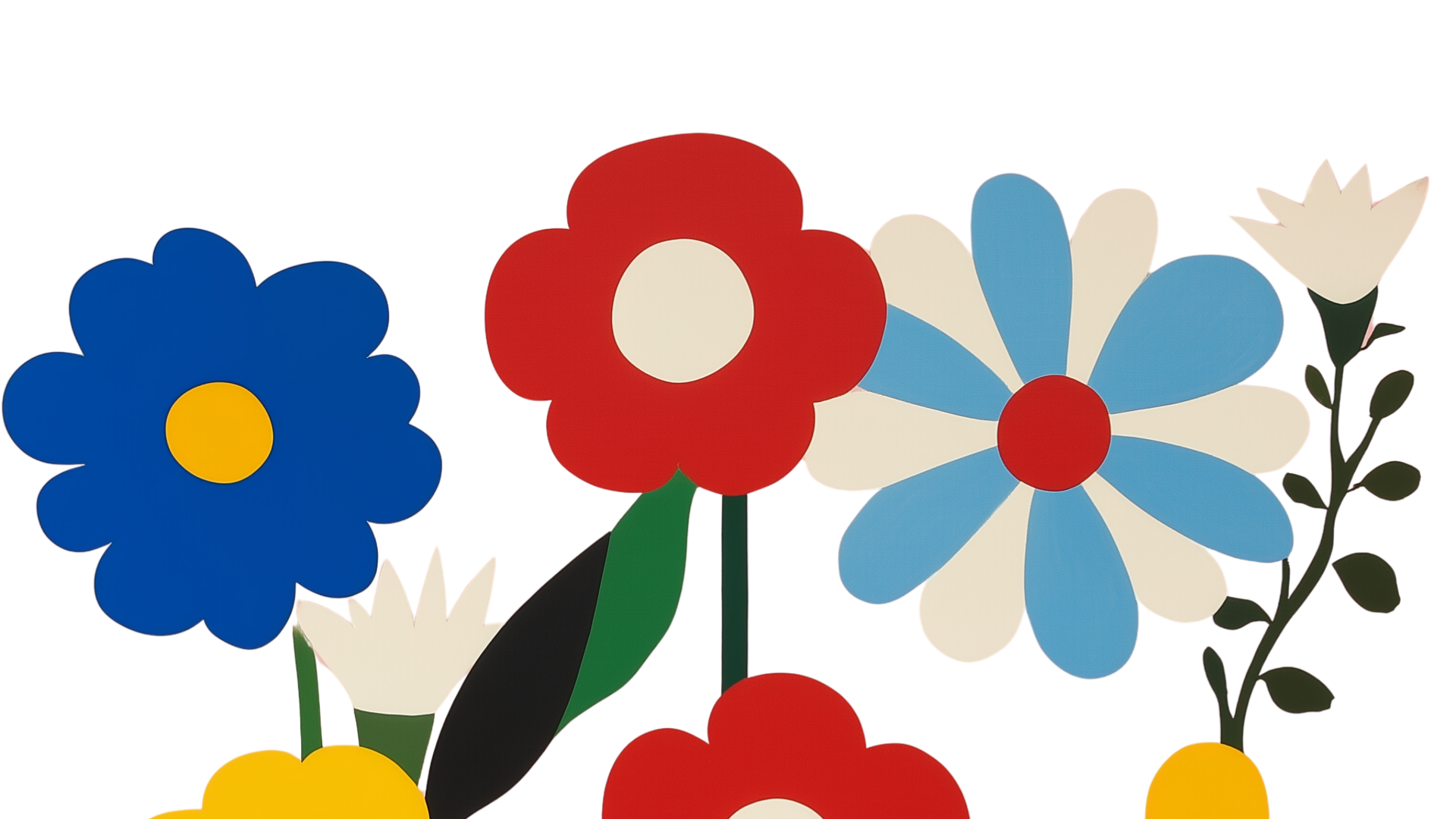 Colorful illustrated flowers including blue, red, white, and yellow blossoms with green leaves.