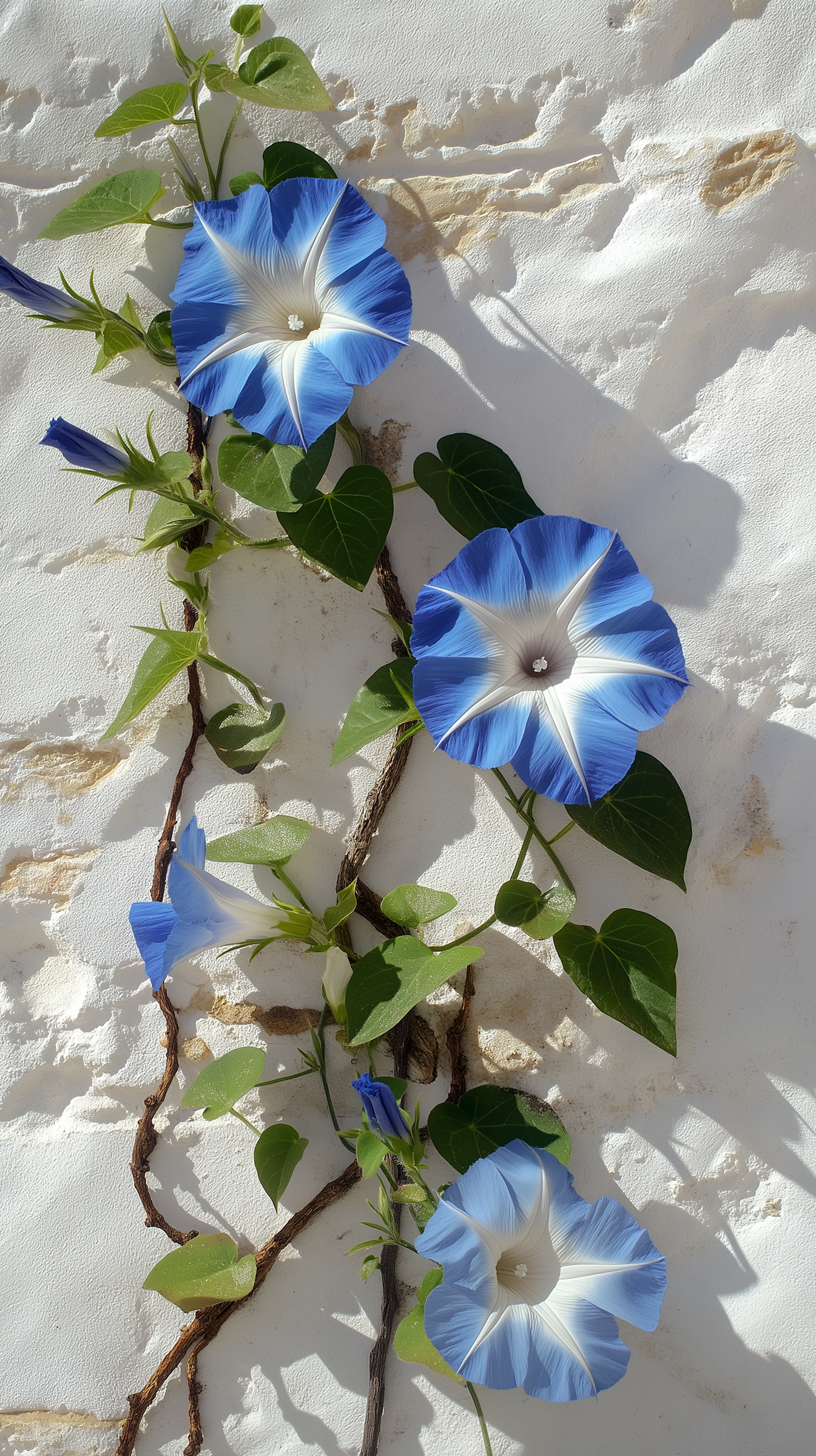 Blue and white morning glories with green leaves and brown vine on a textured white wall.