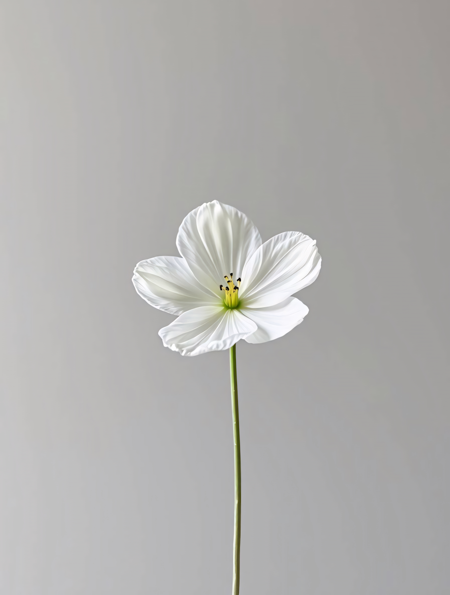 A single white flower with delicate petals and a green stem against a plain gray background.