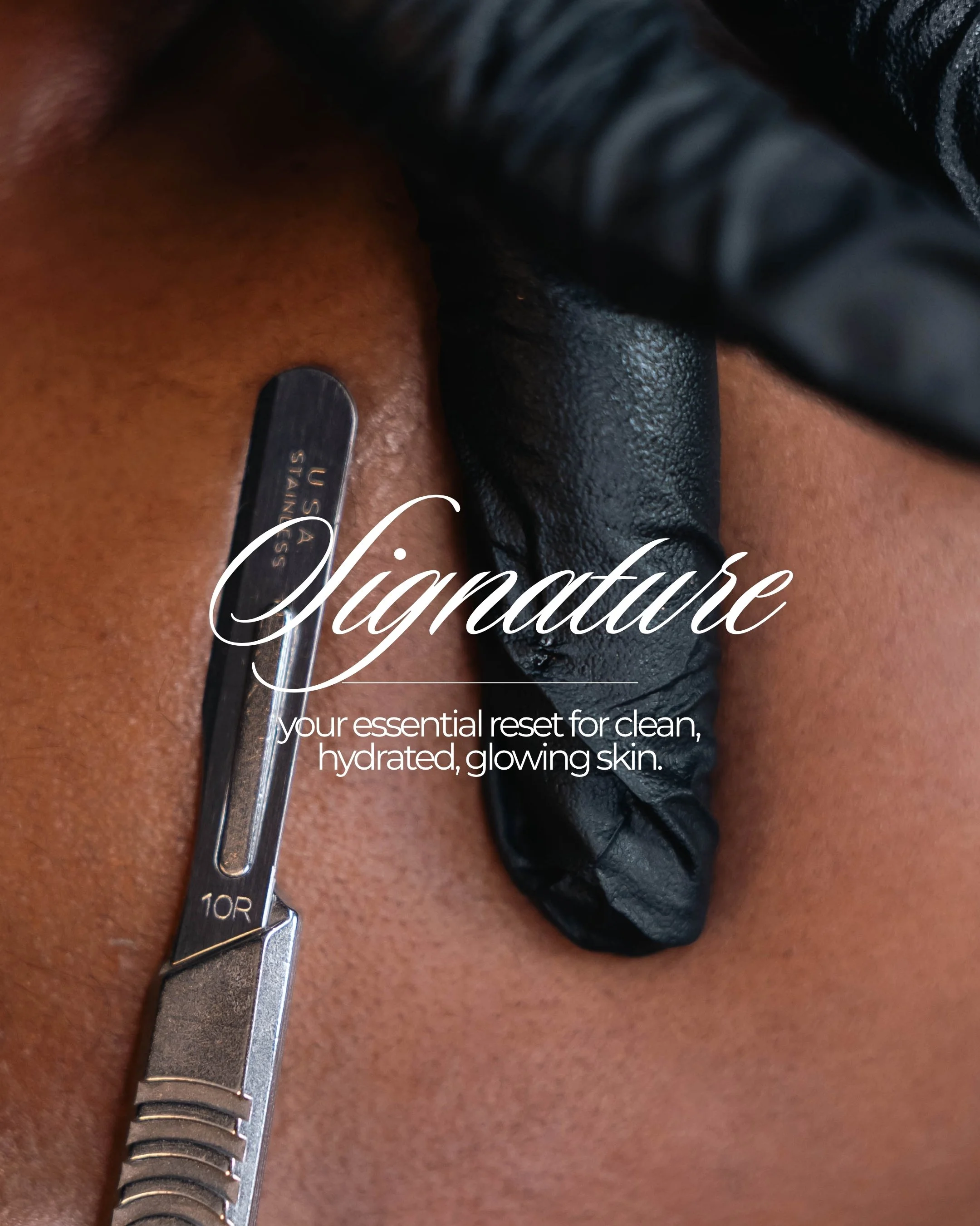 Close-up of a makeup brush and a black cloth on a person's skin, with text overlay that reads 'Luxury' and 'your essential reset for clean, hydrated, glowing skin.'