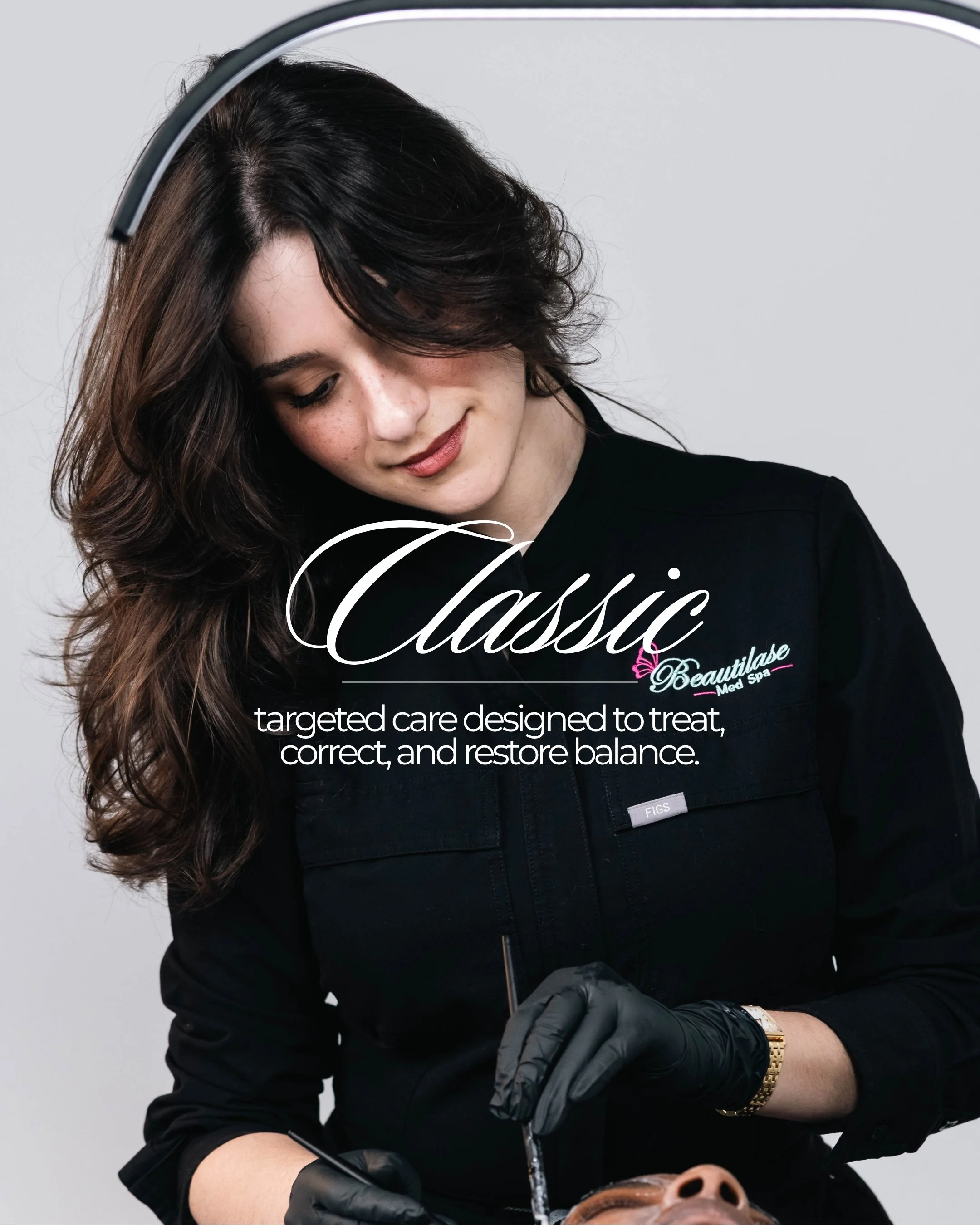 A woman with dark wavy hair, wearing black gloves and a black shirt from Beautilase Med Spa, performing a cosmetic procedure on a patient's nose using a fine needle, with a white background.