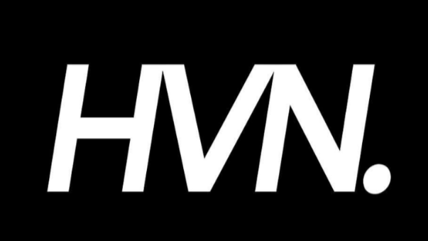 Black background with white bold uppercase letters spelling 'HVN.'