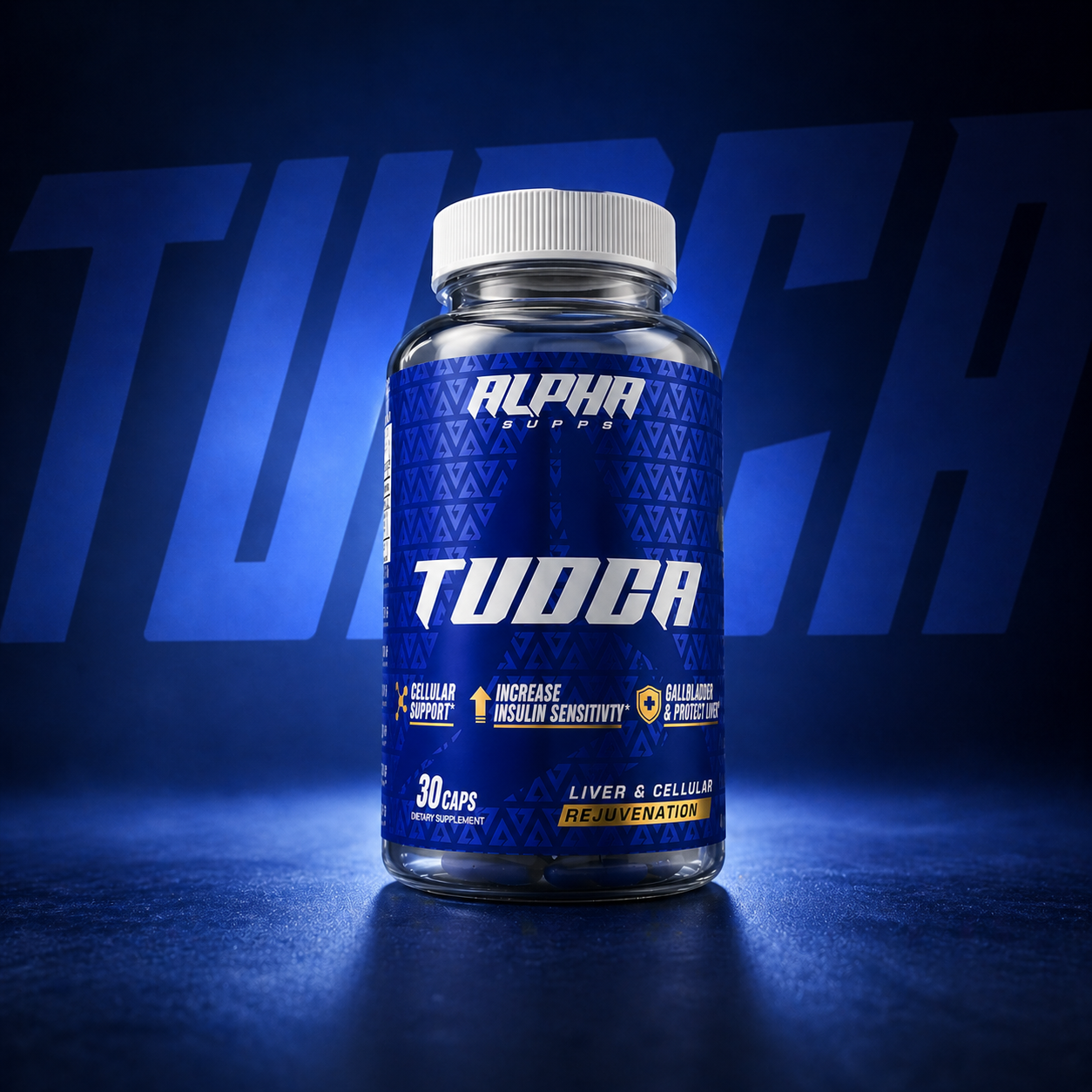 Blue supplement bottle labeled 'TUDCA' with white cap, featuring text about cellular support, insulin sensitivity, liver health, and rejuvenation, against a dark background with a large 'TUDCA' logo in the back.