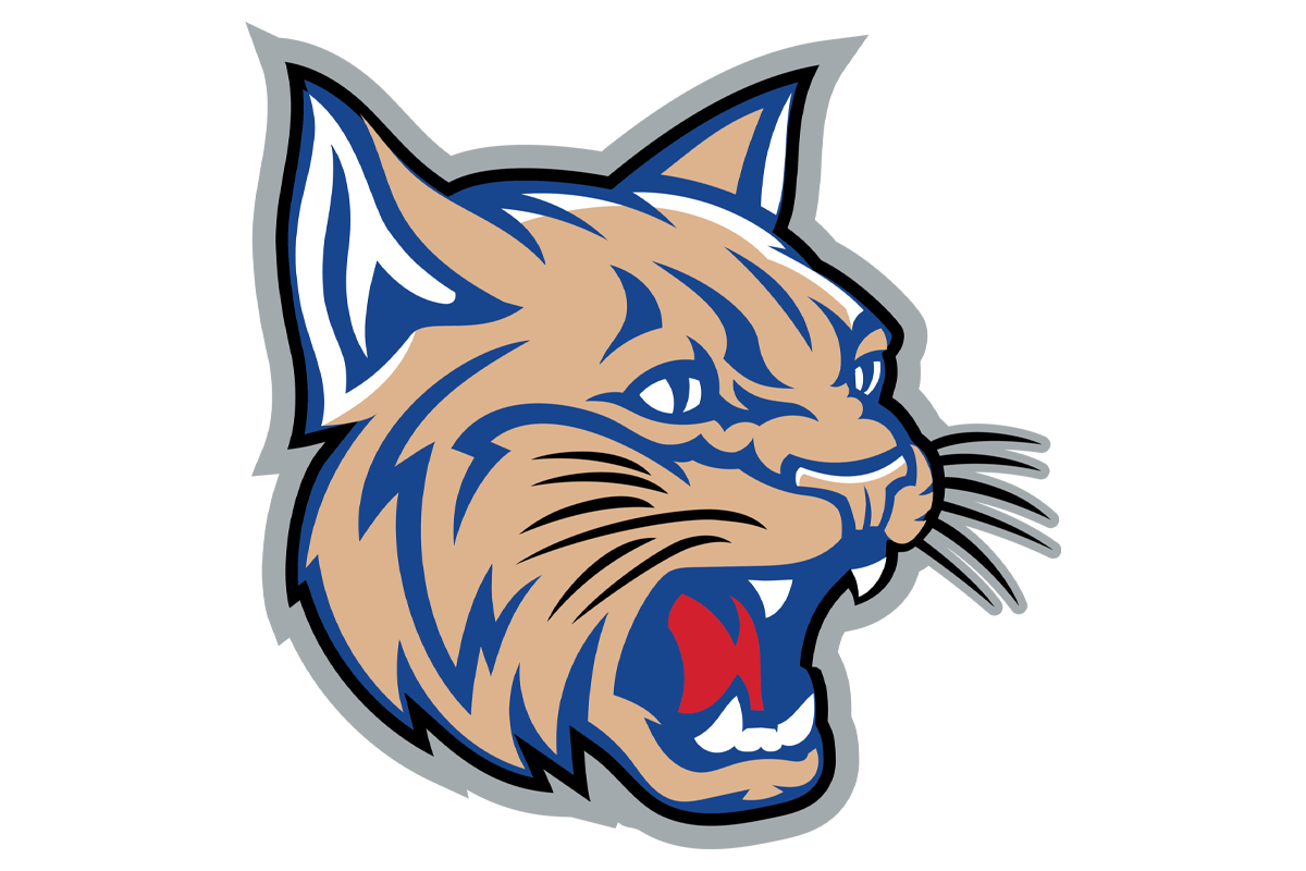 Illustration of a wildcat head with a fierce expression, open mouth showing teeth, in tan, blue, white, red, and gray colors.