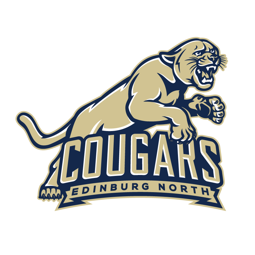 A logo featuring a fierce, golden cougar with black outlining and details, positioned above the bold text 'COUGARS' with 'EDINBURG NORTH' beneath on a banner.