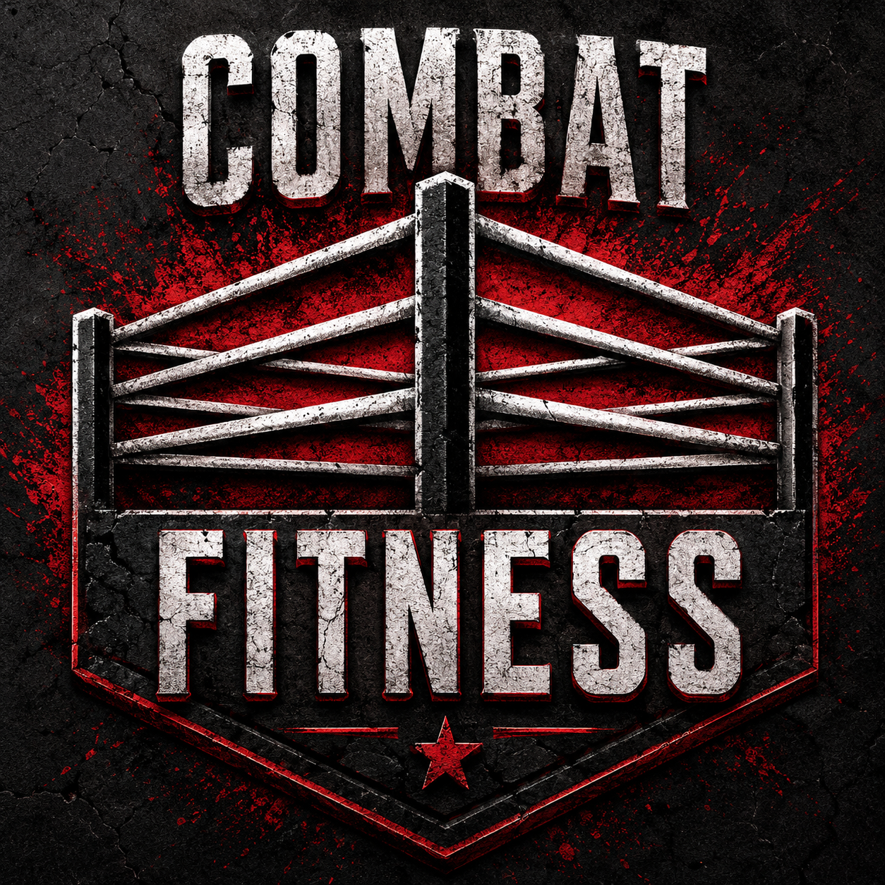 A logo for 'Combat Fitness' featuring a stylized boxing ring with a black and white color scheme, set against a textured black background with red splashes.