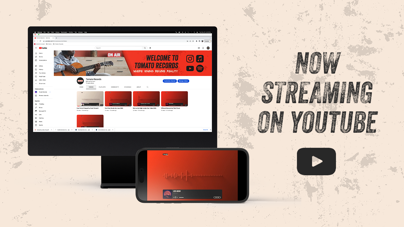 A computer monitor displaying a YouTube channel called Tomato Records with a banner reading 'Welcome to Tomato Records' and a person playing guitar. A smartphone shows a music recording app with an audio waveform and song title 'Red Moon'. Text on a 