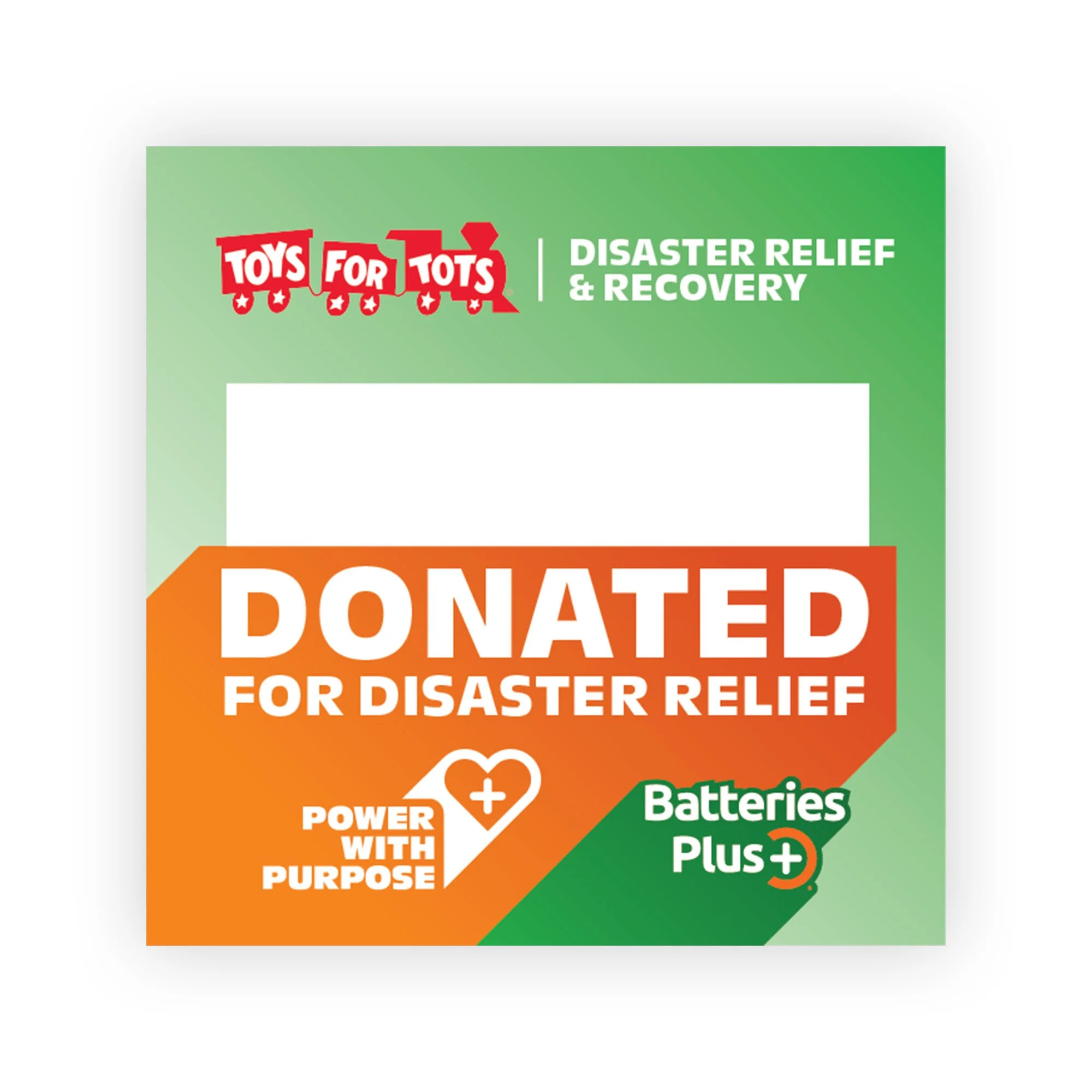 Toy donations box for disaster relief with green and orange design, featuring the Toys for Tots logo and text indicating donation for disaster relief and recovery.