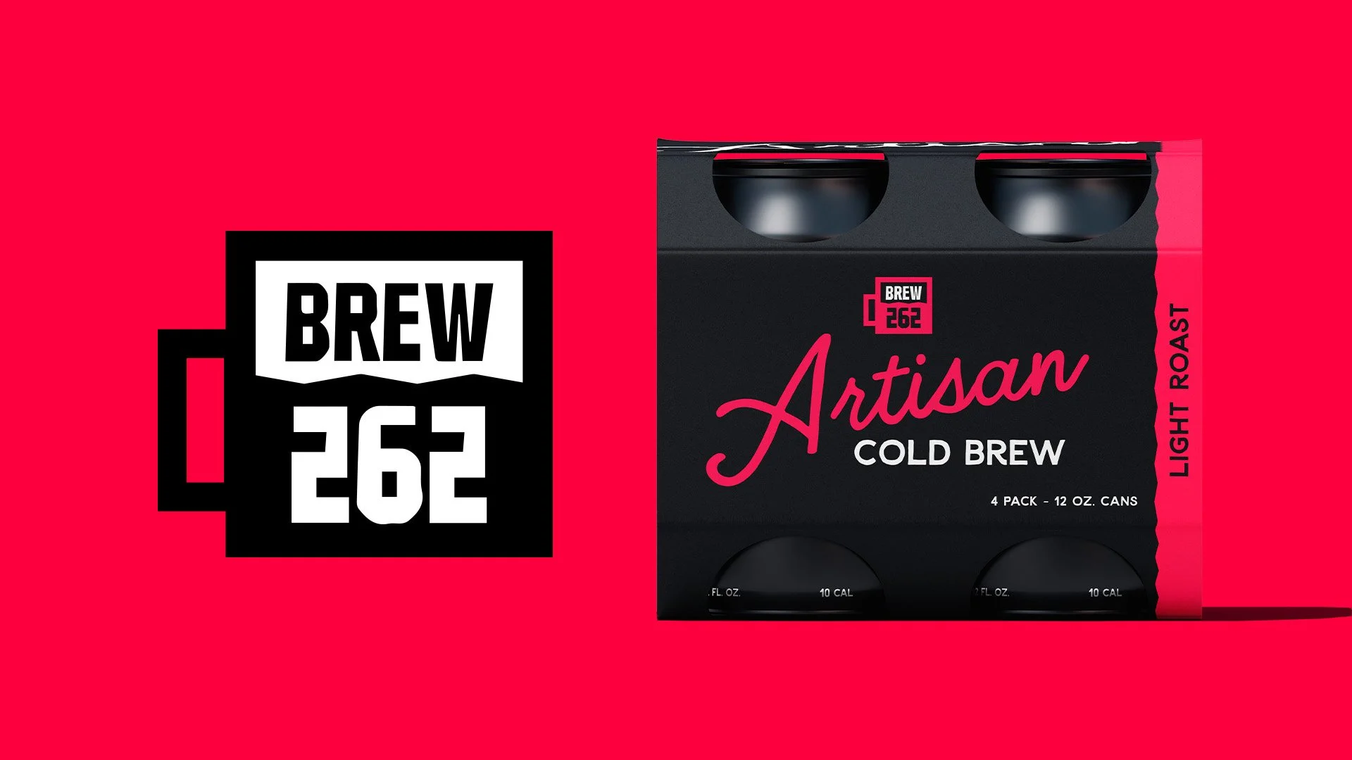 A black and pink box of Brew262 Artisan Cold Brew coffee, 4-pack with 12 oz cans, on a red background, with the Brew262 logo on the left.