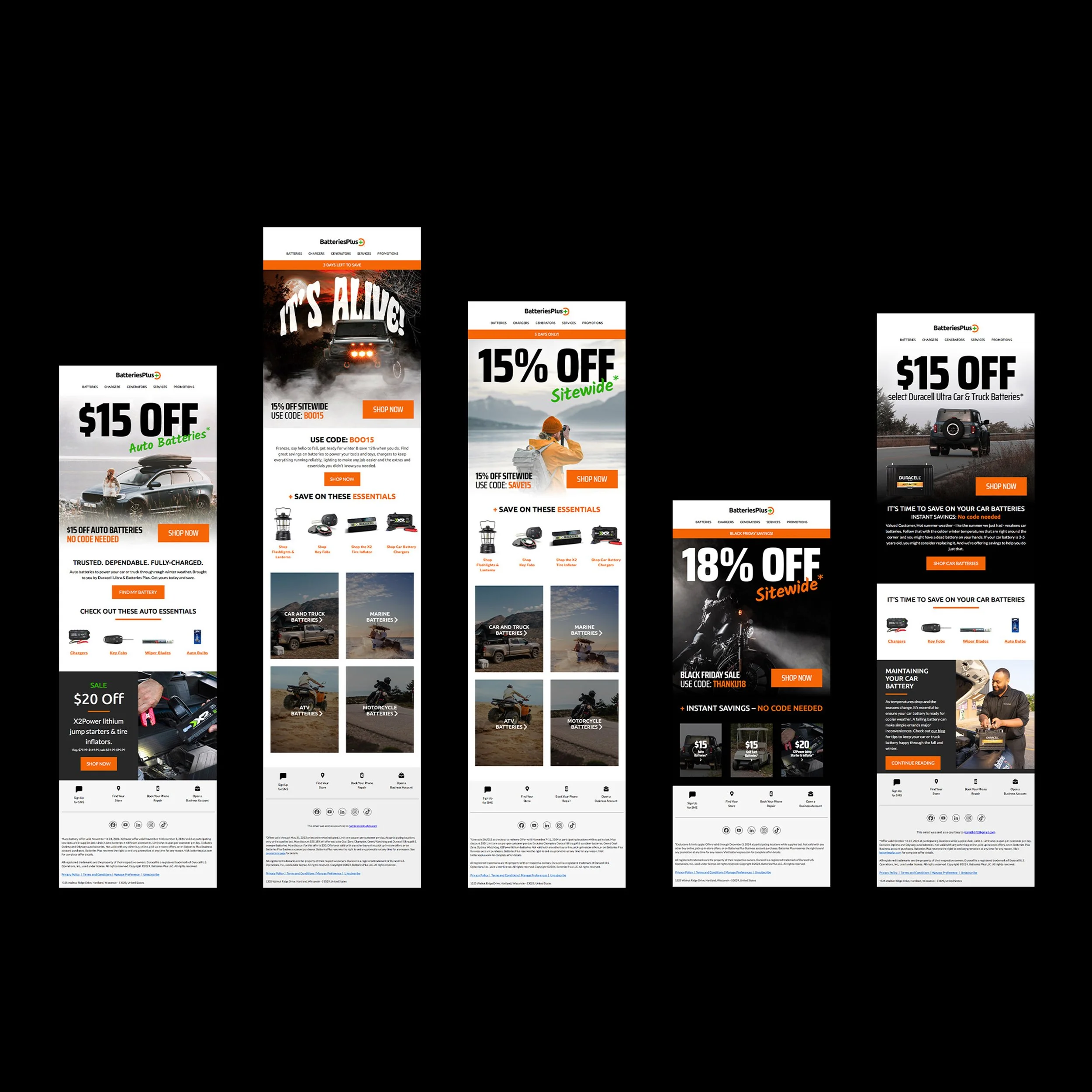 Series of five digital advertisements for battery discounts, showcasing various offers and discounts on auto, marine, motorcycle, and truck batteries with images of vehicles and people, and bold text highlighting discounts like $15 off, $20 off, 15%,