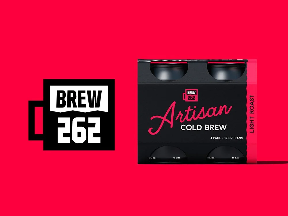 Packaging of Brew 262 Artisan Cold Brew coffee, 4 cans, light roast, on a red background with Brew 262 logo.