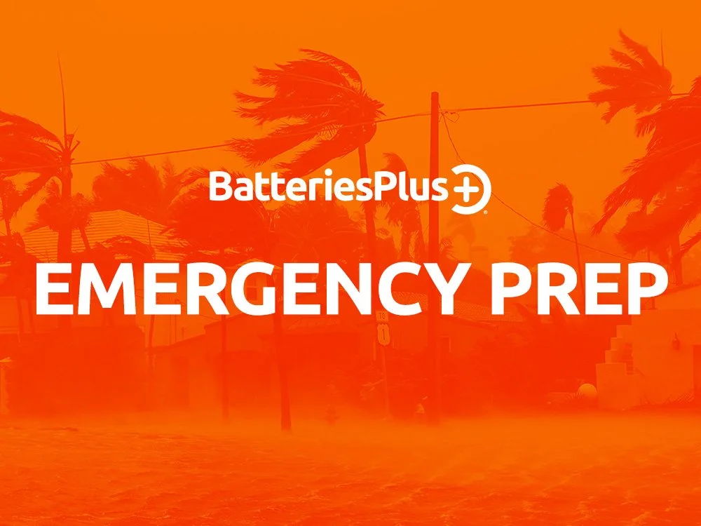 An orange background image showing wind-blown palm trees, power lines, and houses with the text 'BatteriesPlus+ Emergency Prep' in the center.