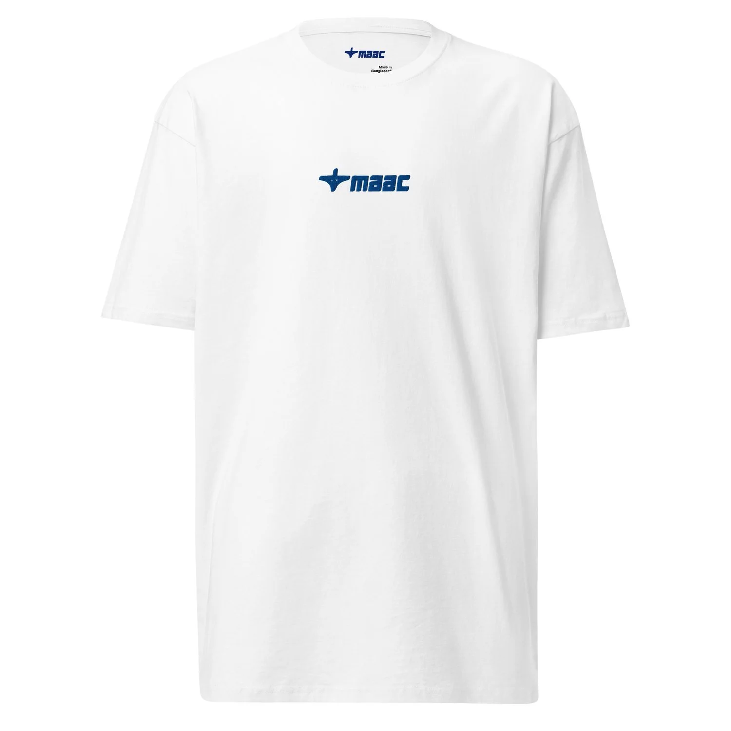 White T-shirt with a blue logo and text reading 'MAAC' on the front.