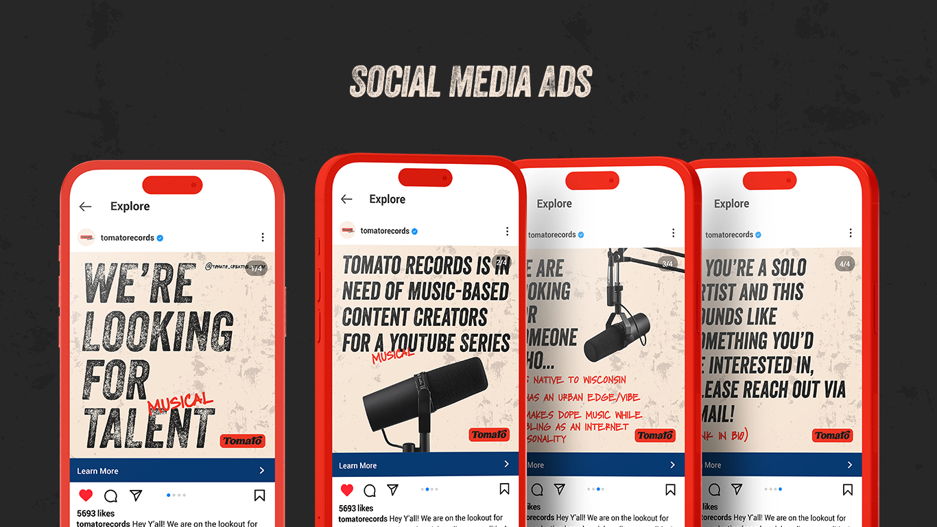 Screenshot of social media ads from Tomate Records on a smartphone, showcasing recruitment messages for musical content creators with images of a microphone, a message about music-based content creators, and a note about solo artists.