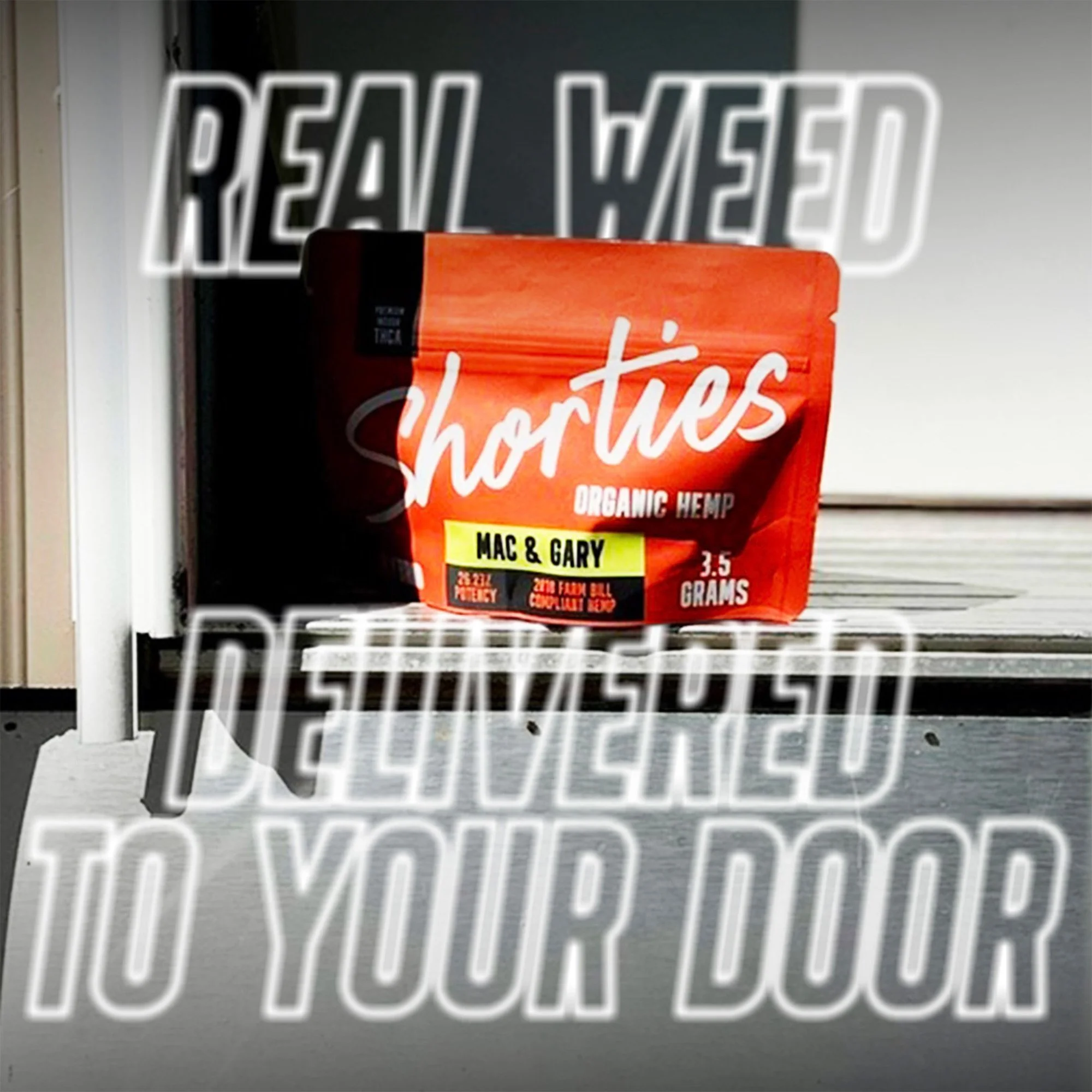 Package of Shorties Organic Hemp hemp-based snack with flavor Mac & Gary on a wooden shelf.