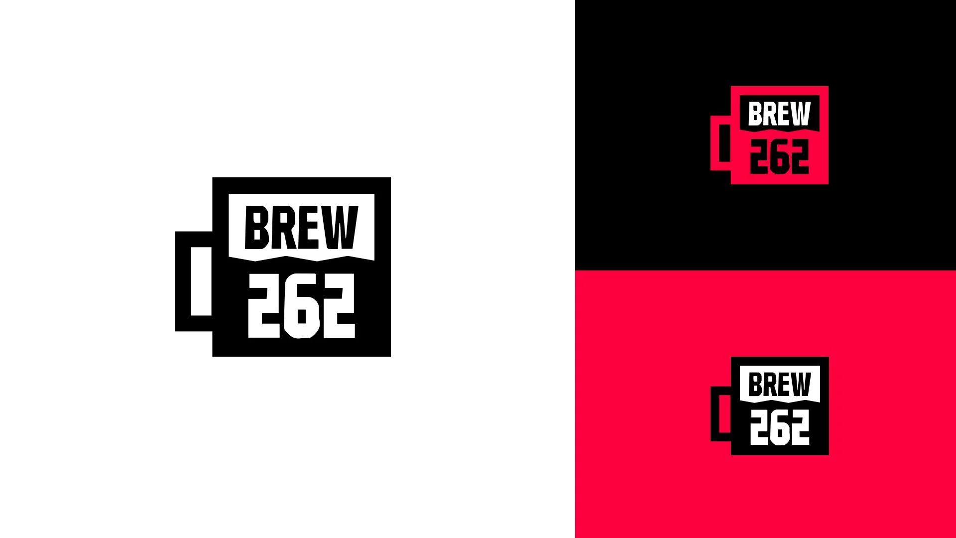 A logo for Brew262 featuring a black coffee mug with a rectangular handle, with the words "BREW 262" inside in bold, black text, shown in four different color backgrounds: white, black, red, and red with black.