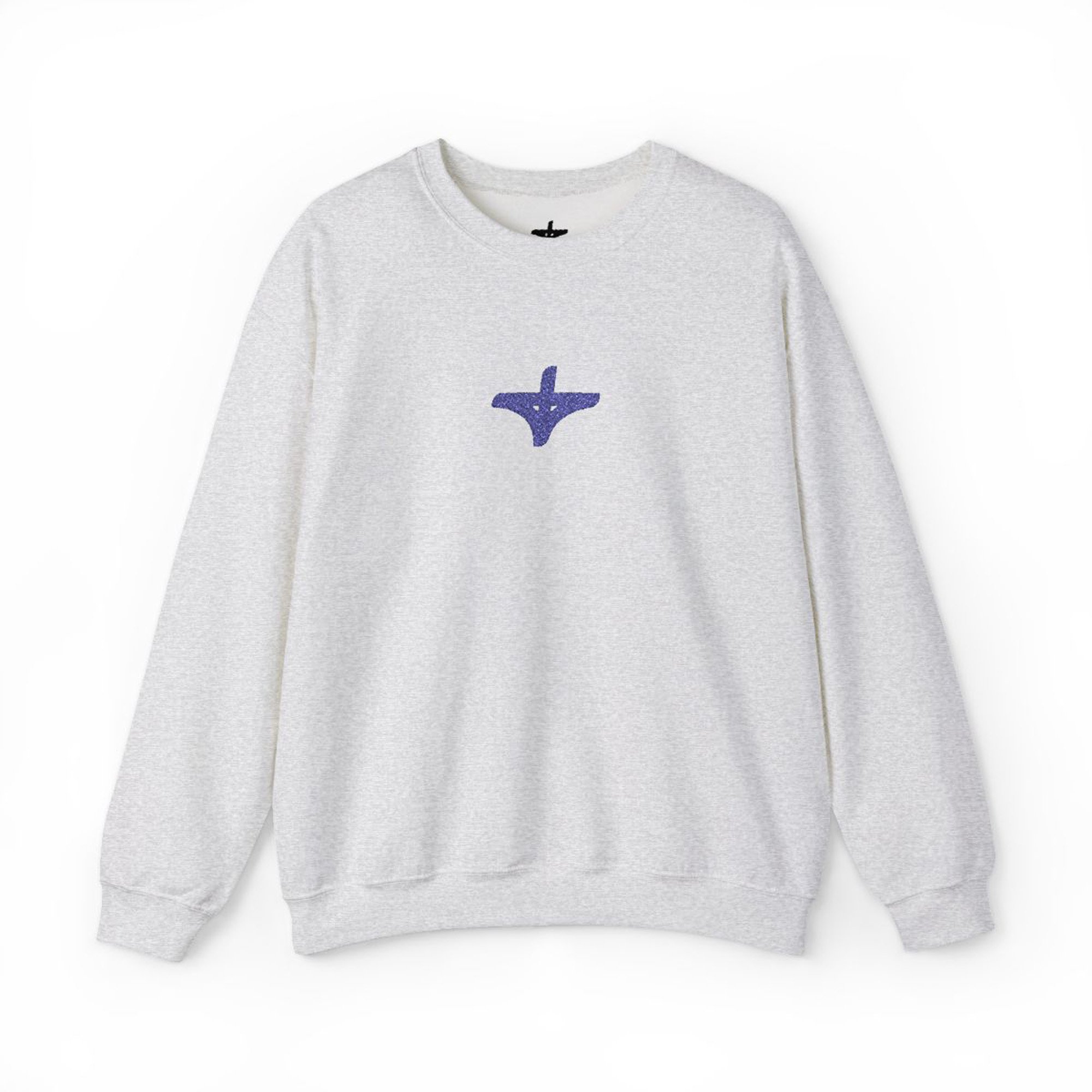 Gray sweatshirt with a small blue whale graphic on the front.
