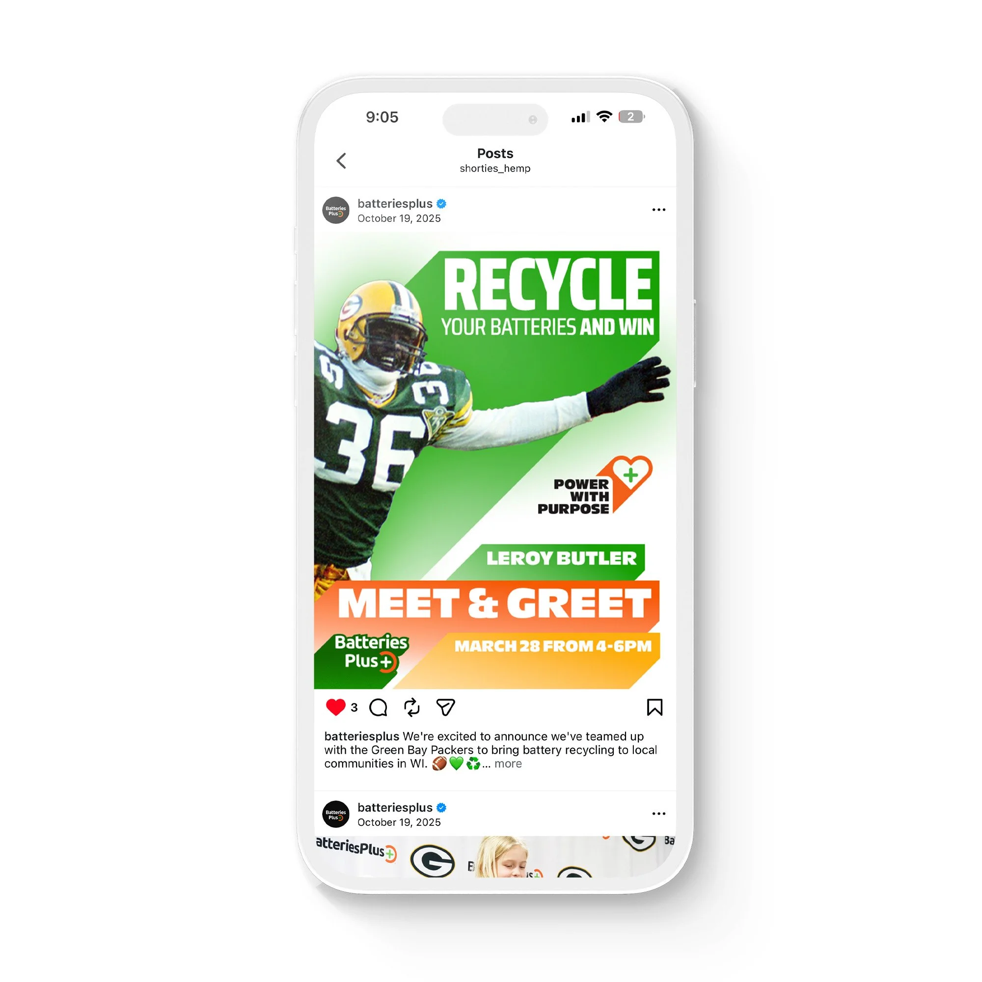 Social media post promoting a battery recycling event with a Green Bay Packers player wearing a green and yellow uniform, advertising a meet and greet event with Leroy Butler on March 28 from 4 to 6 PM.