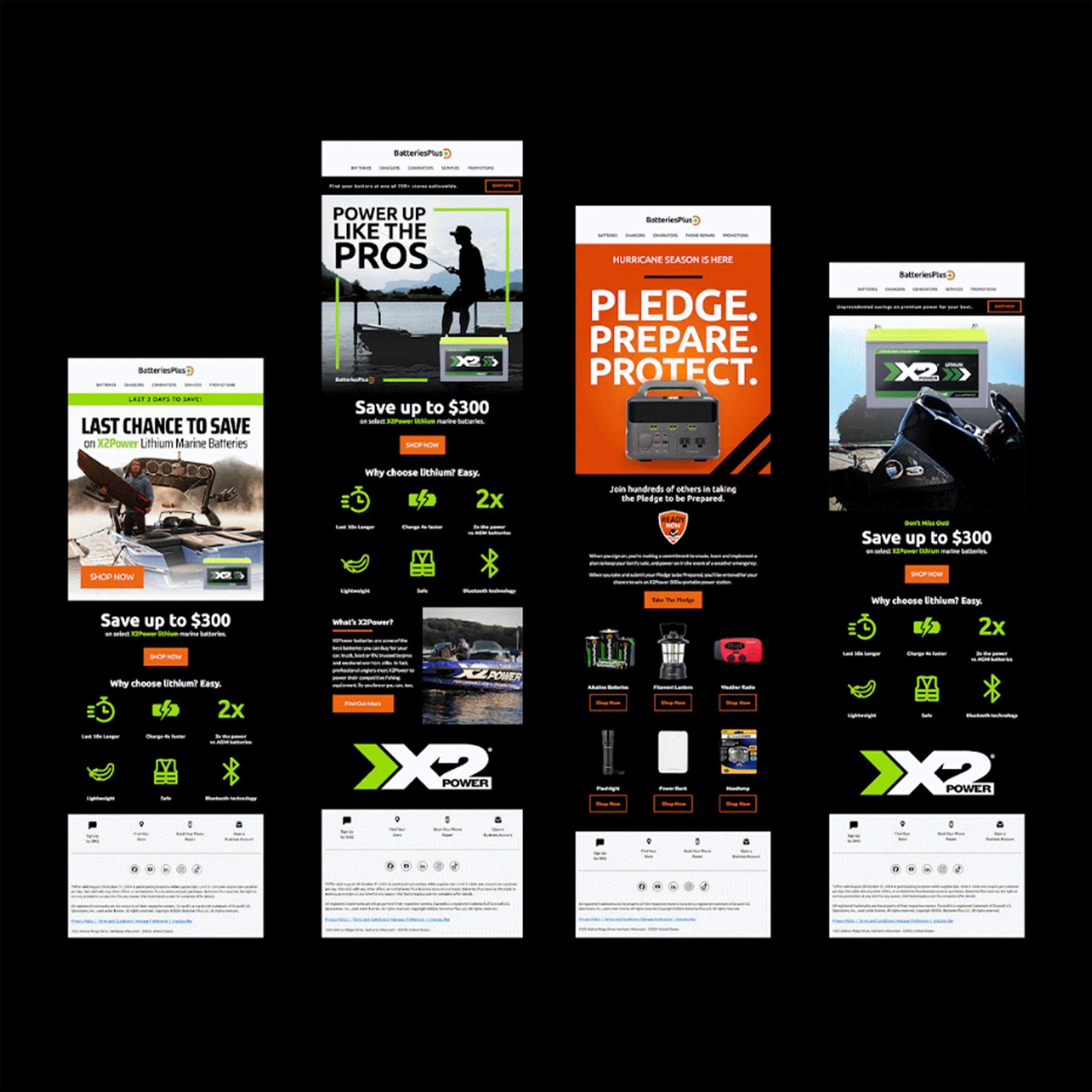 Collection of four promotional flyers for X2Power lithium marine batteries, featuring product images, slogans like 'Power up like the pros,' 'Last chance to save,' and 'Pledge. Prepare. Protect.' with details on discounts, features, and accessories.