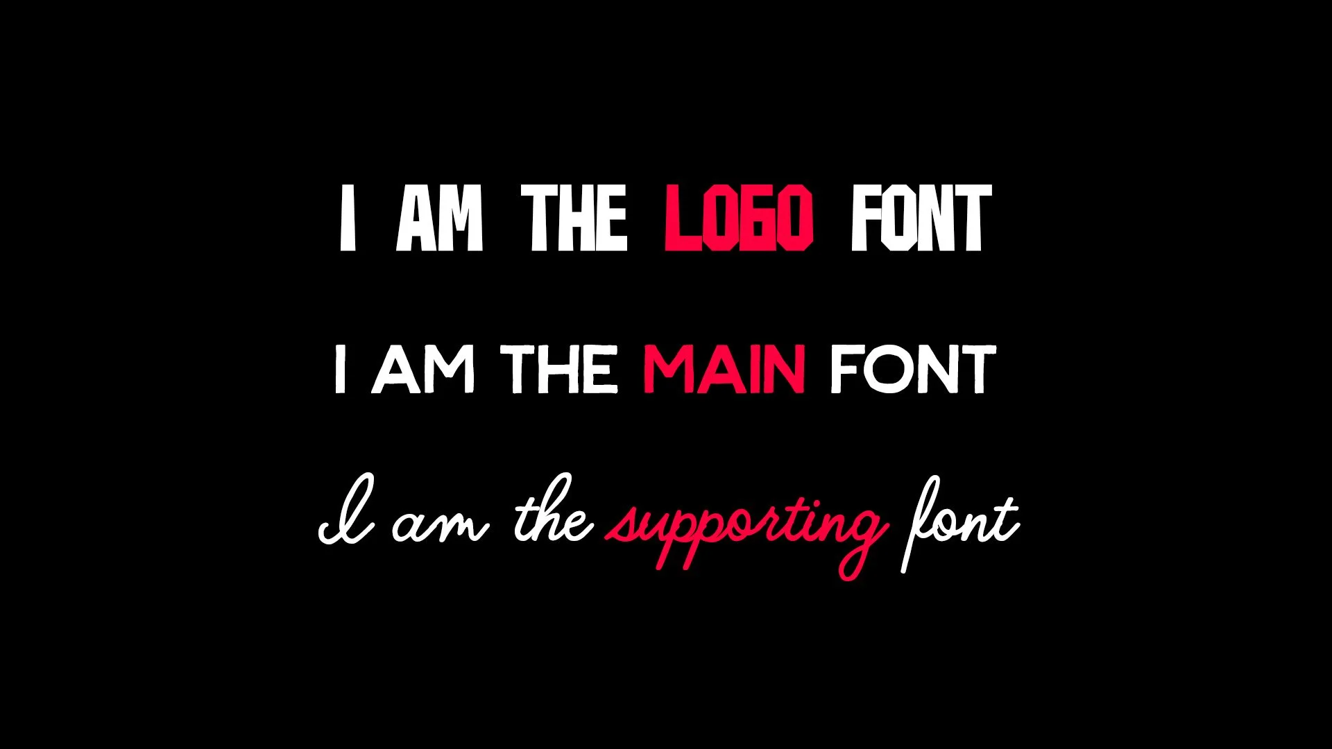 Text image explaining font hierarchy: "I am the logo font," "I am the main font," and "I am the supporting font" with different font styles and colors.
