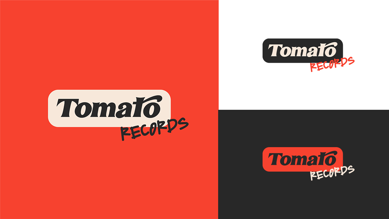 Four variations of the Tomato Records logo, each with different background colors: red, white, black, and dark gray. The logo features the word 'Tomato' in bold, black lettering, with the word 'RECORDS' in red or white handwriting-style font overlapp