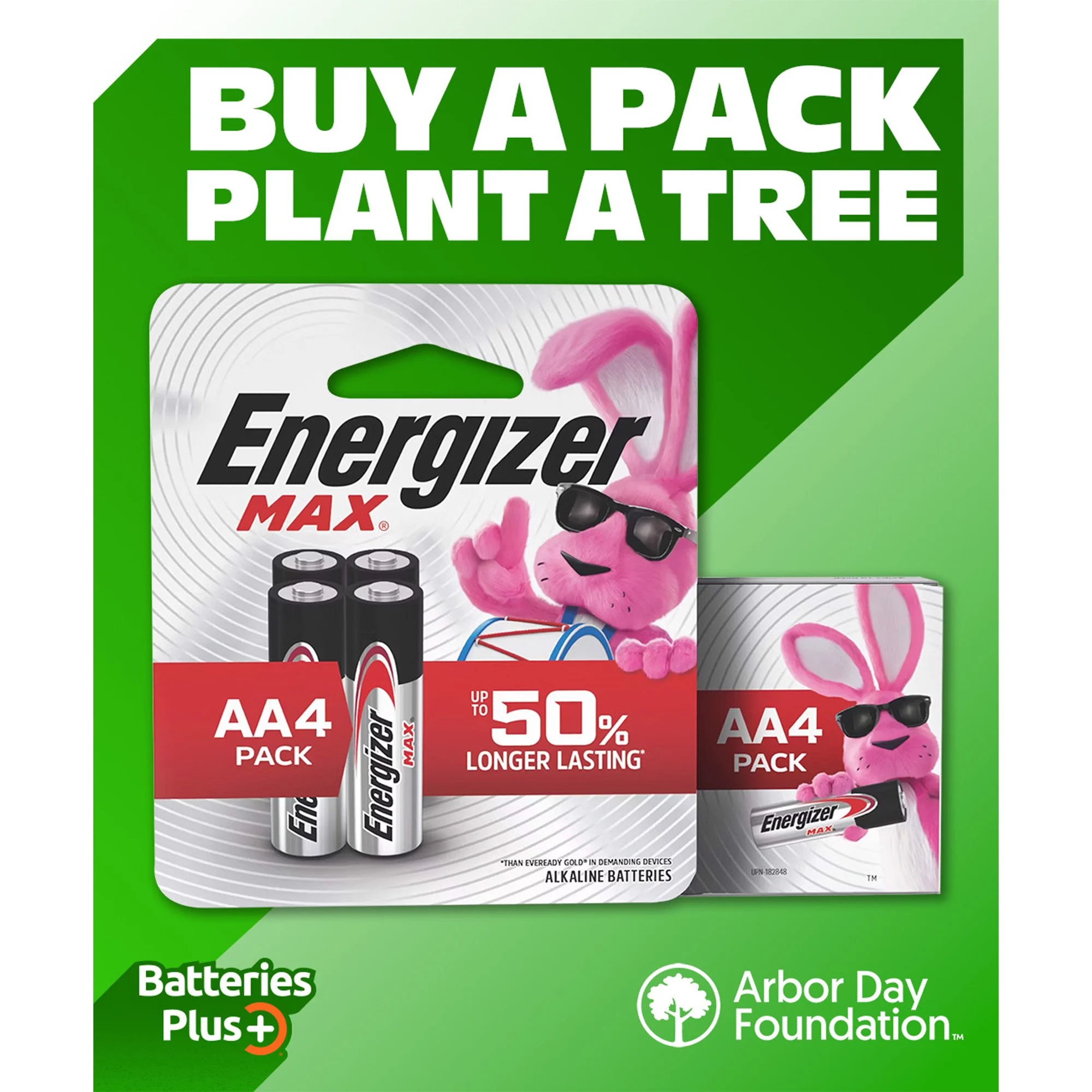 A pack of Energizer Max AA4 batteries with a green background and a pink bunny mascot wearing sunglasses, holding a peace sign. The packaging encourages buying a pack to plant a tree and features the Arbor Day Foundation logo.